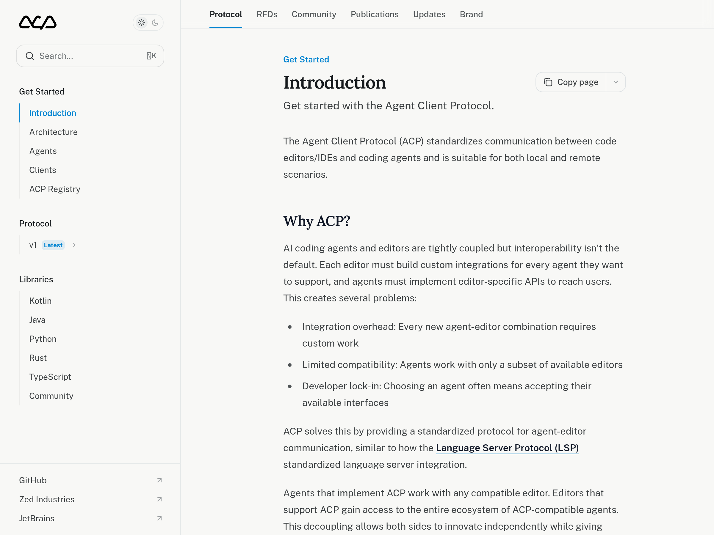 Screenshot of Agent Client Protocol website