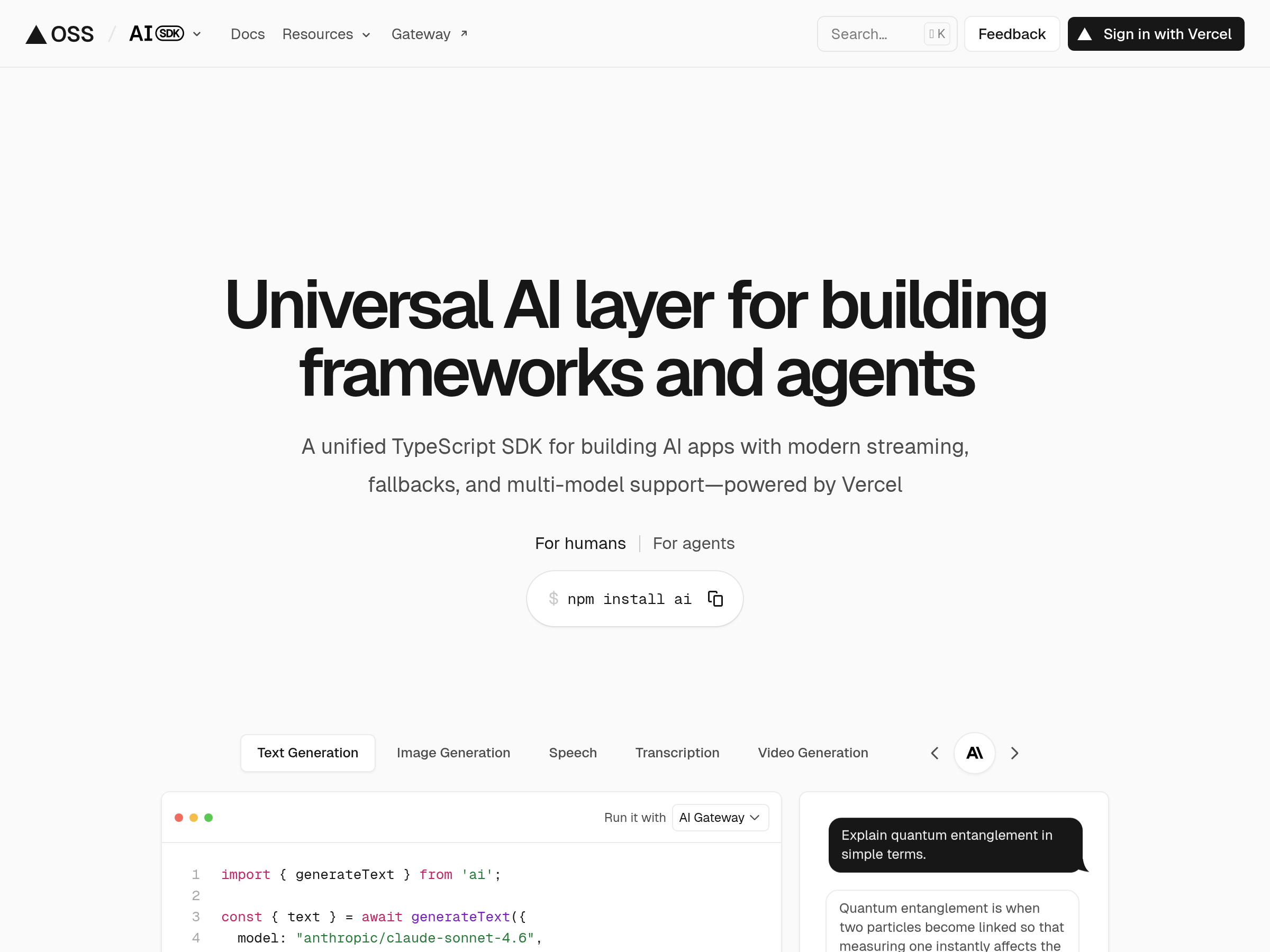 Screenshot of AI SDK website