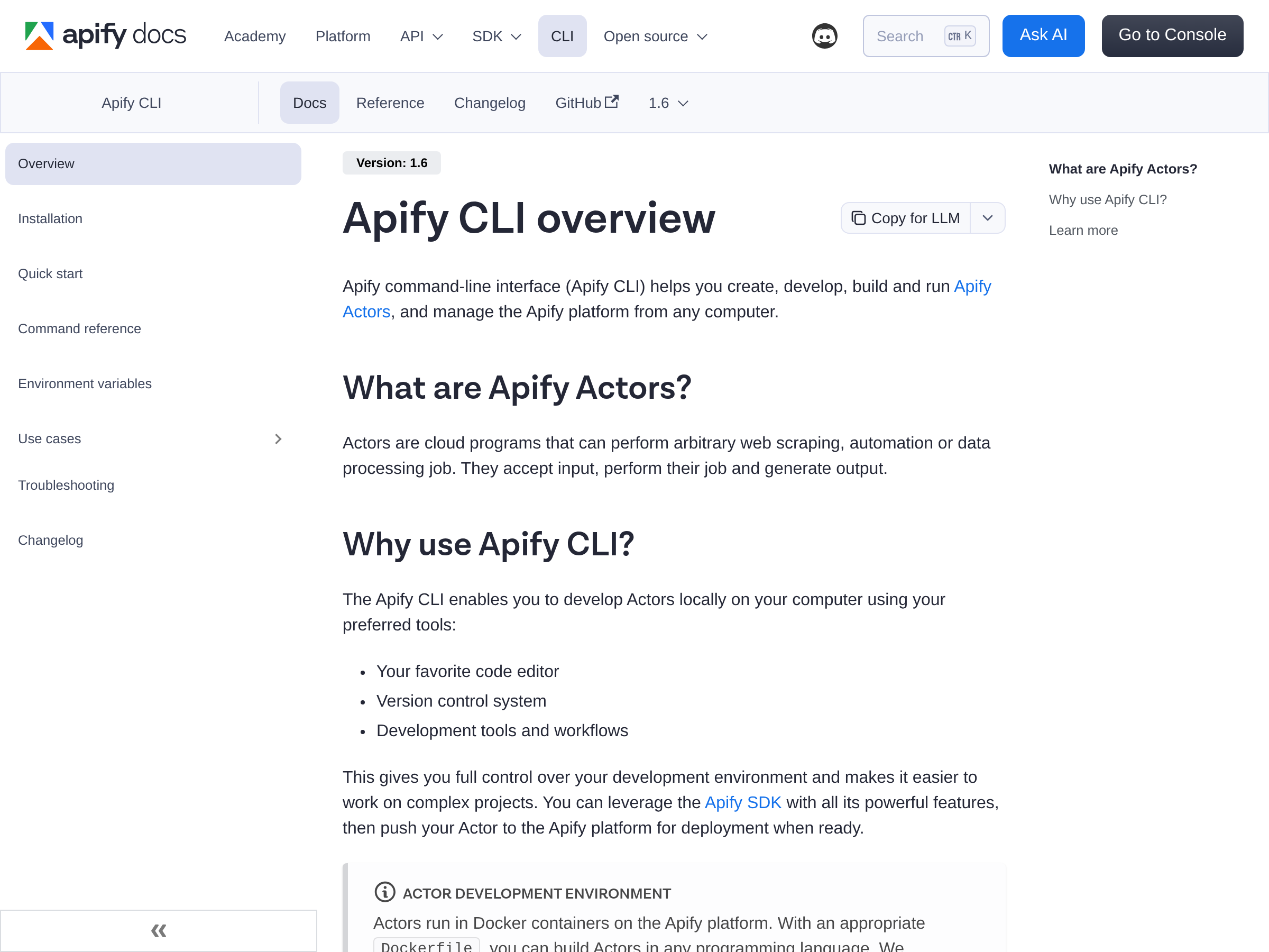 Screenshot of Apify CLI website