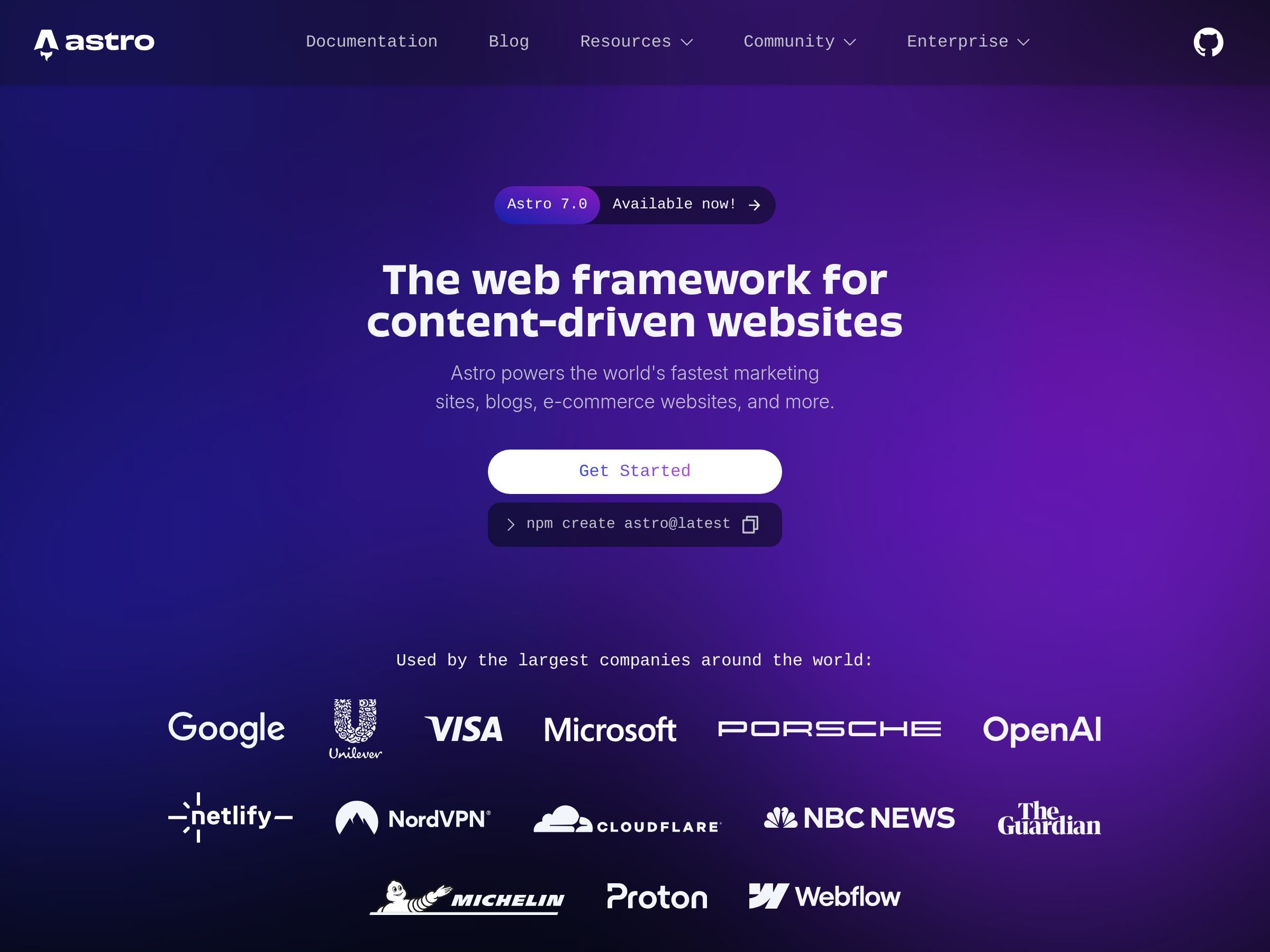 Screenshot of Astro website