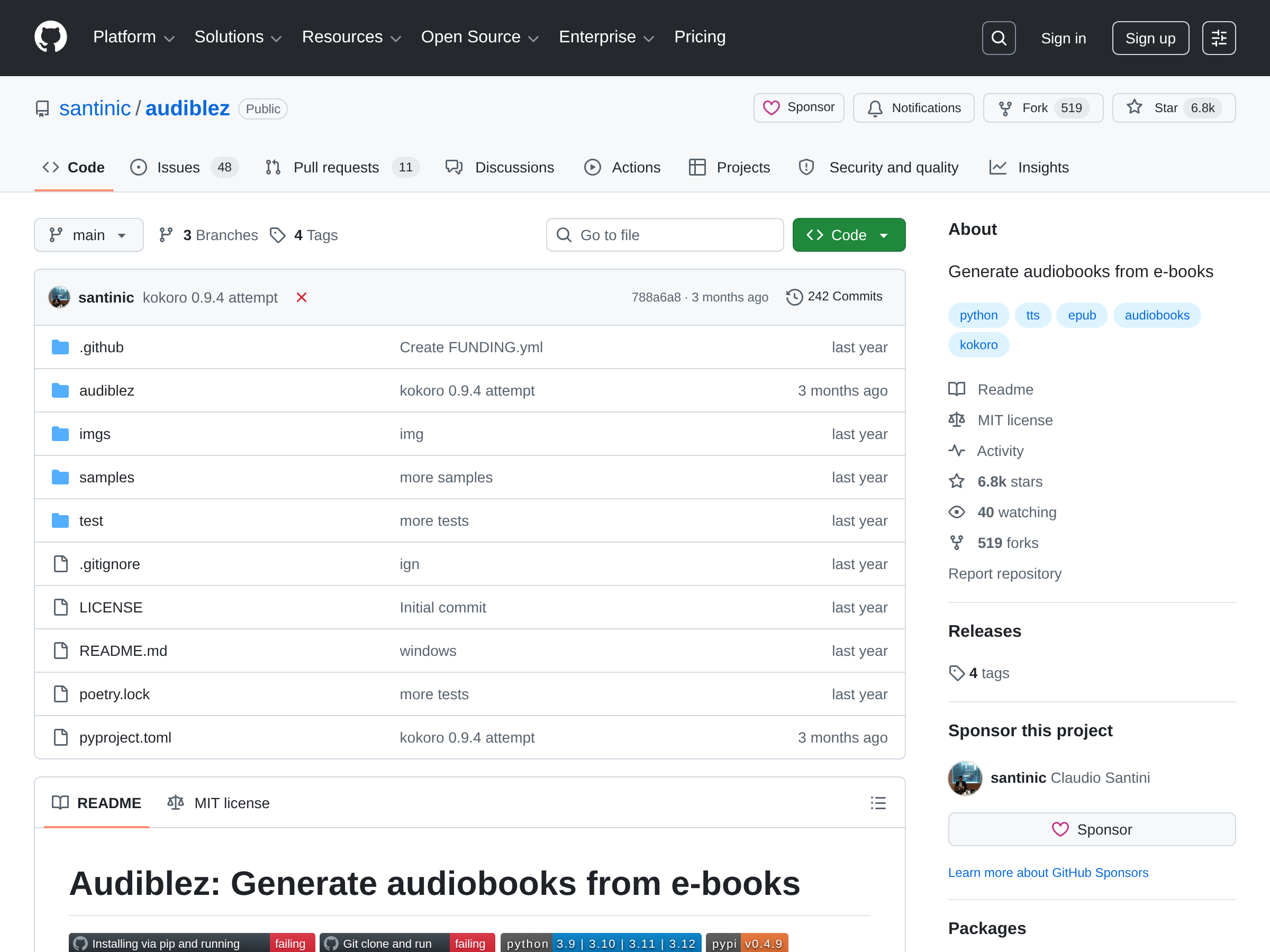 Screenshot of Audiblez website