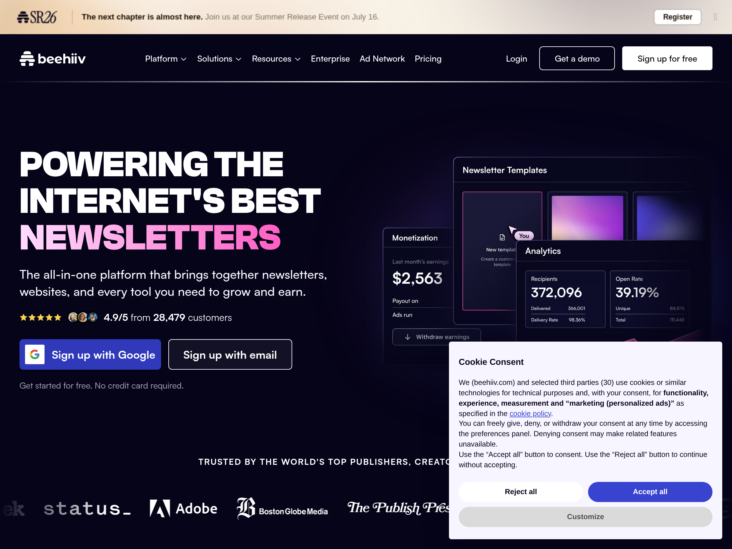 Screenshot of beehiiv website