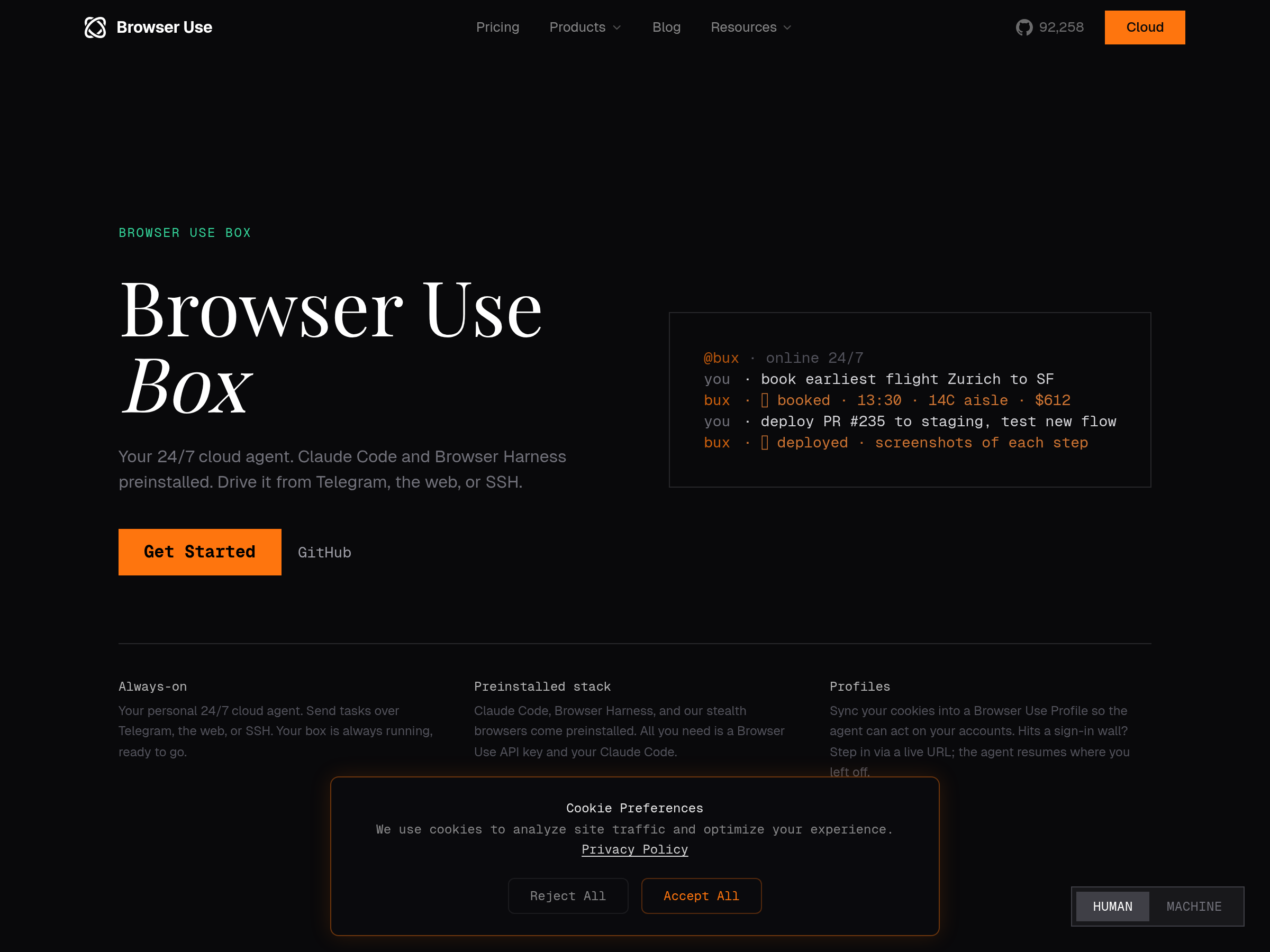 Screenshot of Browser Use Box website