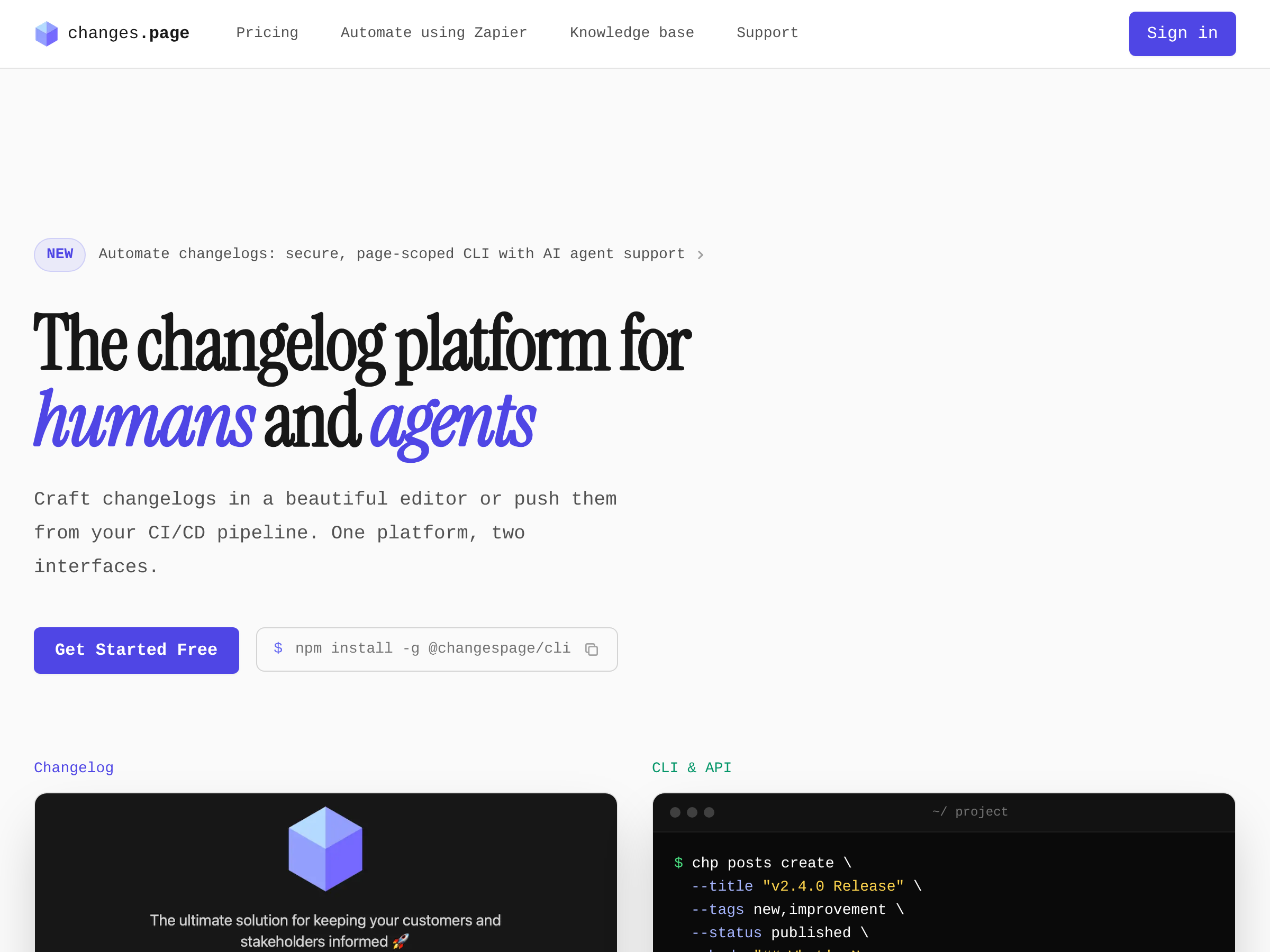 Screenshot of changes.page website