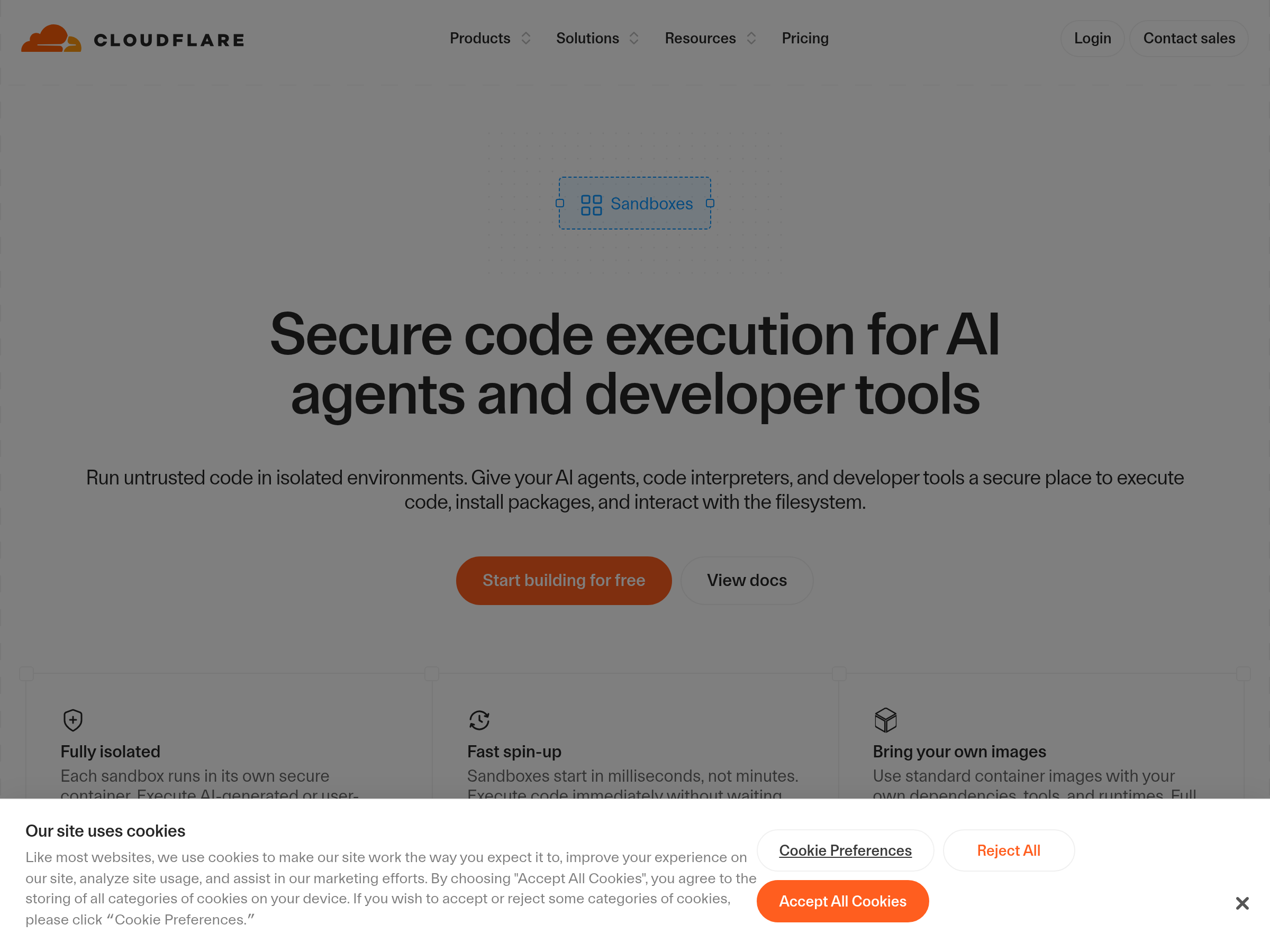 Screenshot of Cloudflare Sandboxes website