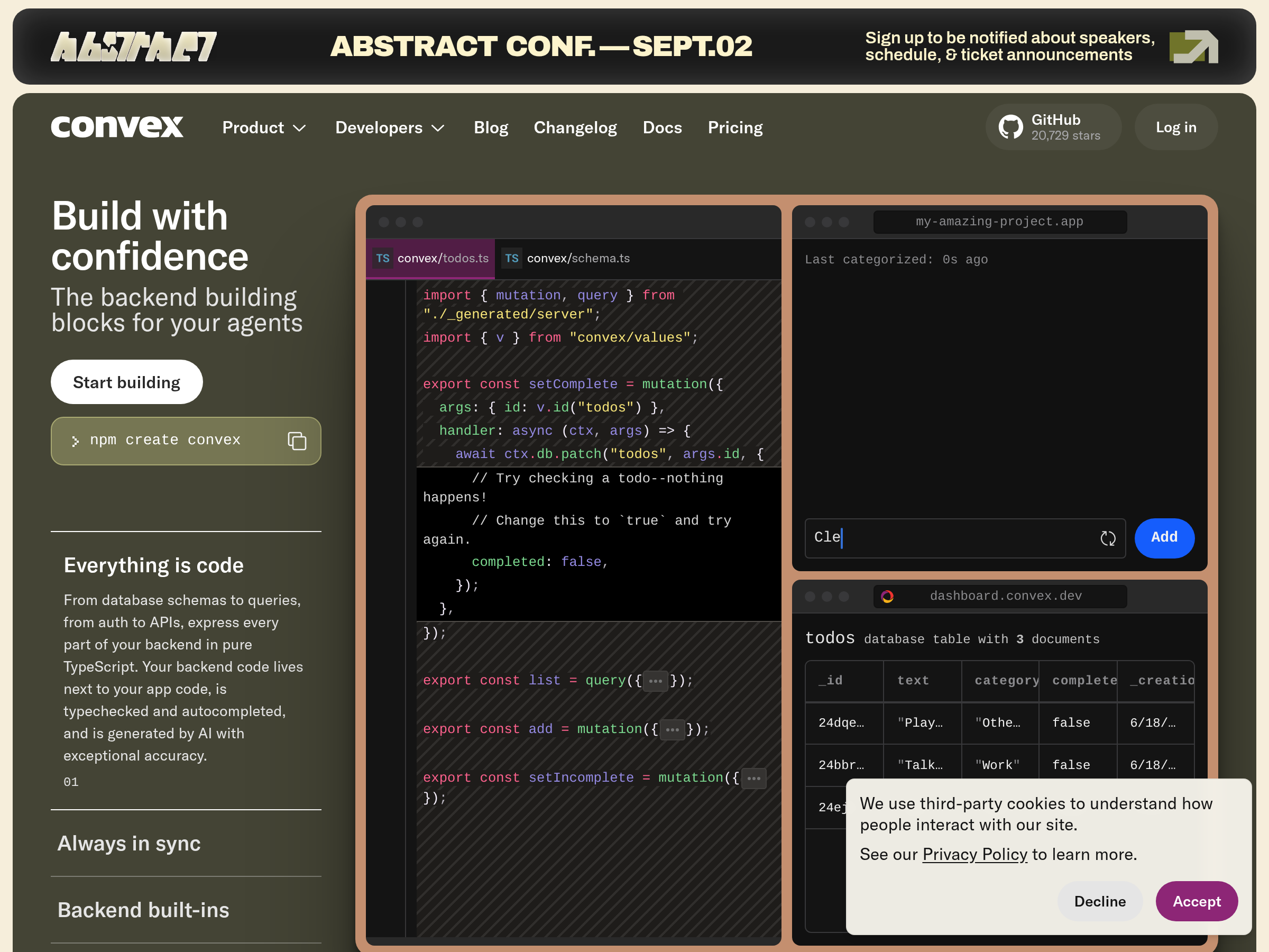 Screenshot of Convex website