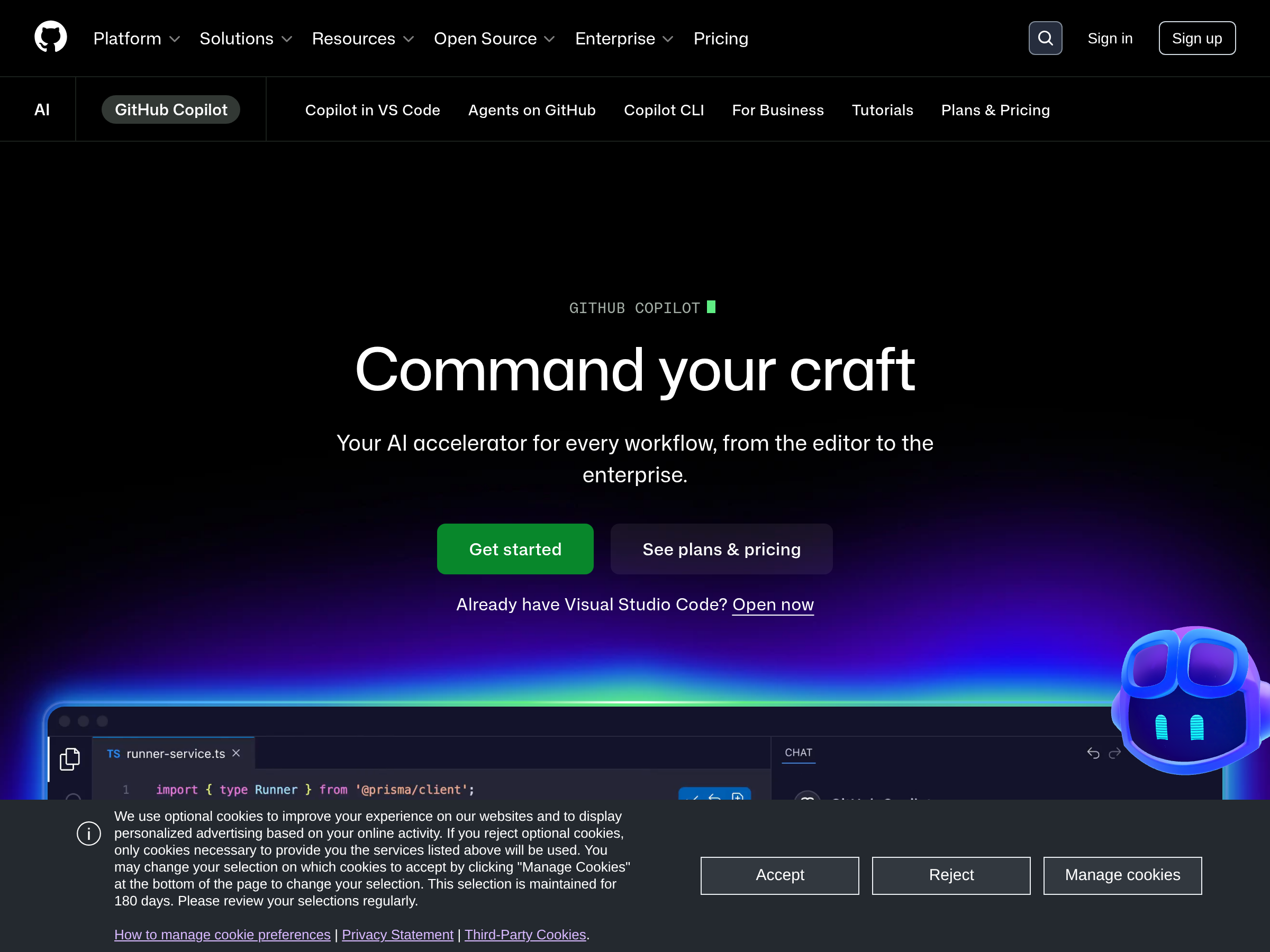 Screenshot of GitHub Copilot website