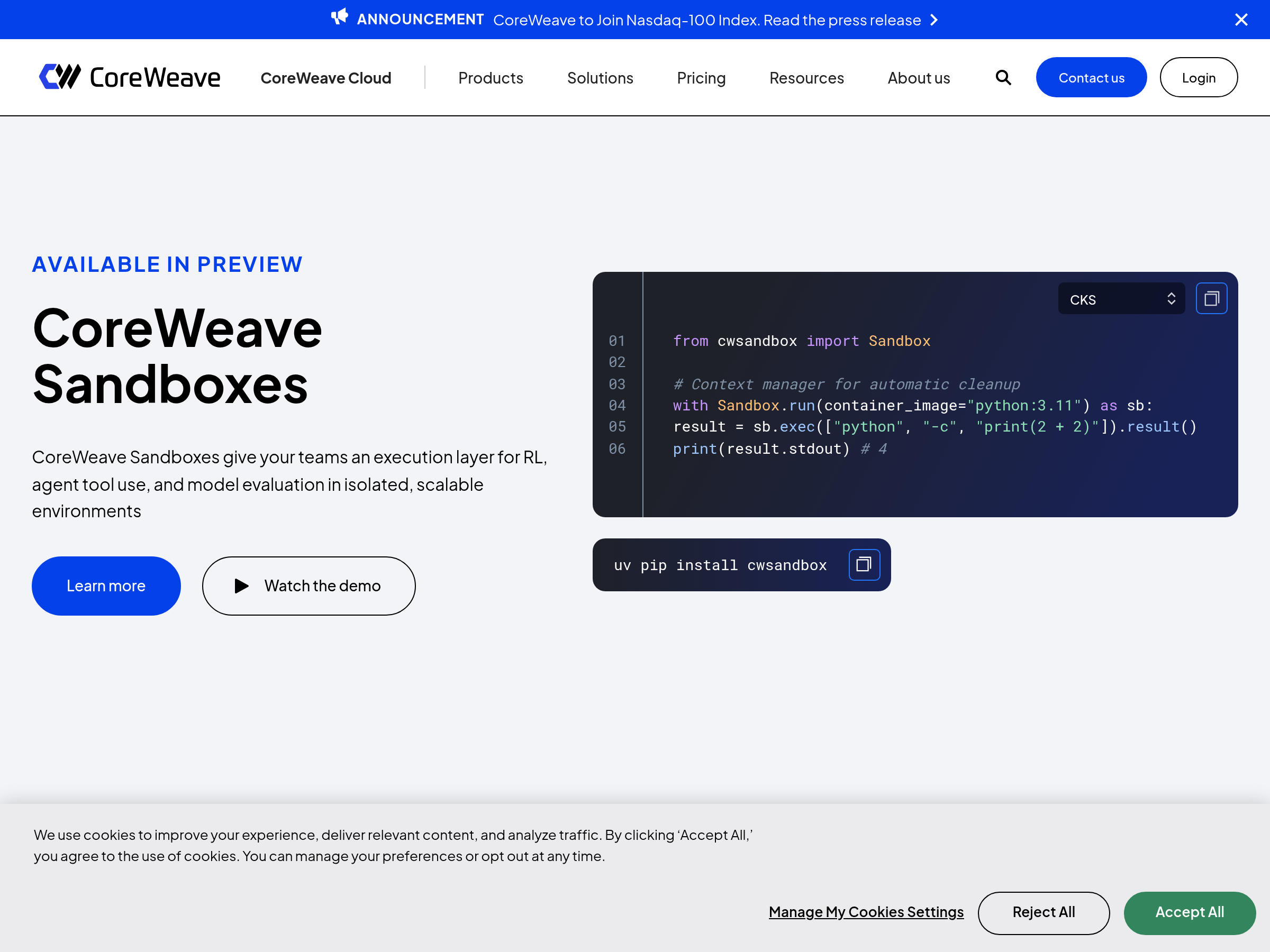 Screenshot of CoreWeave Sandboxes website