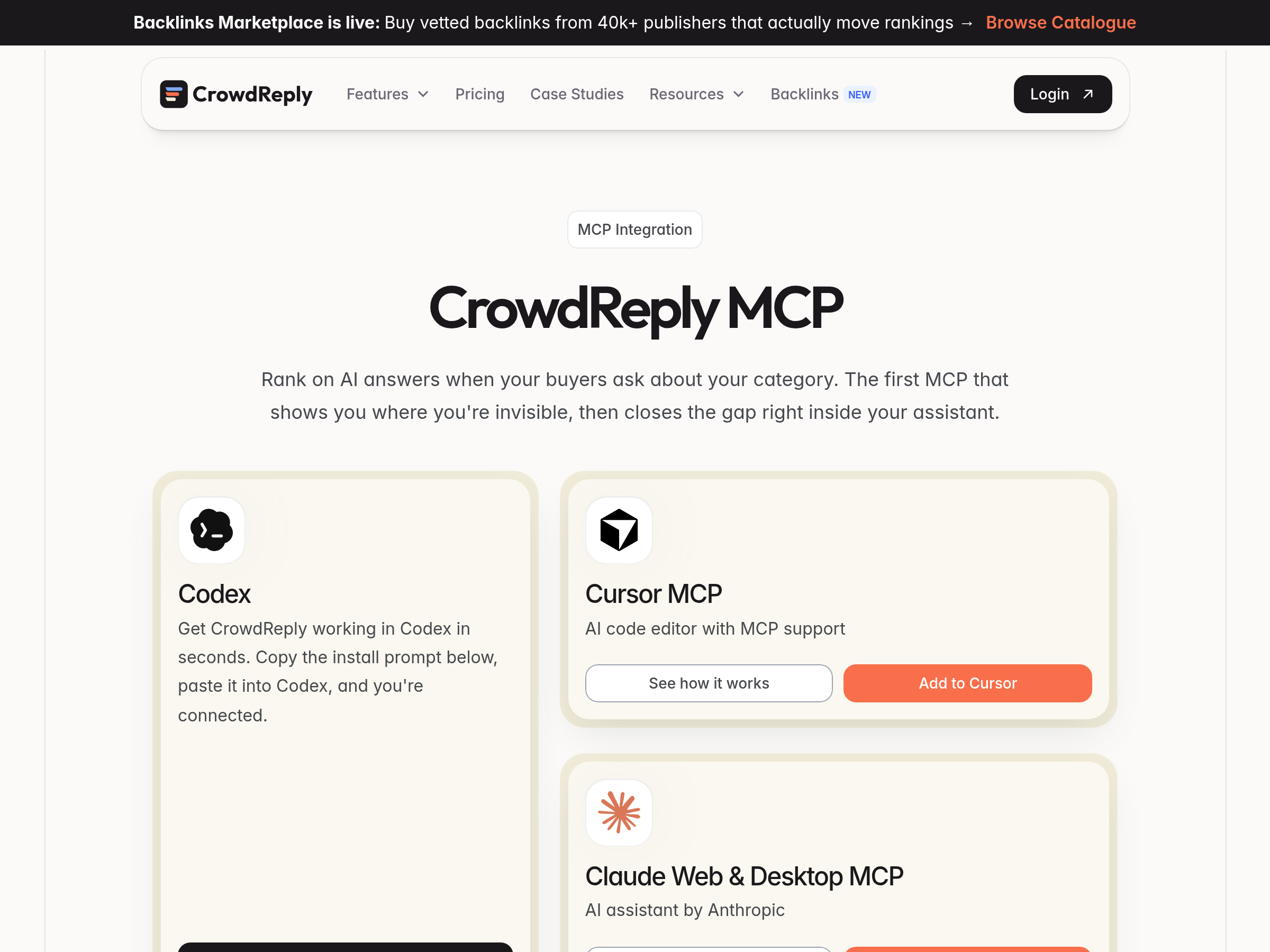 Screenshot of CrowdReply MCP website