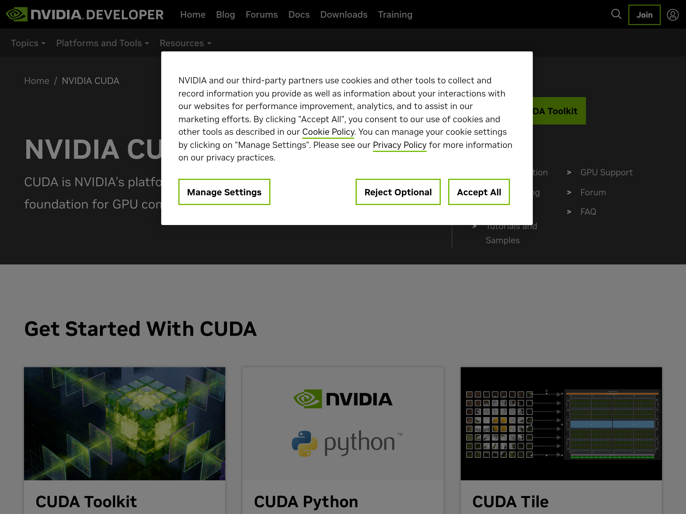 Screenshot of CUDA website