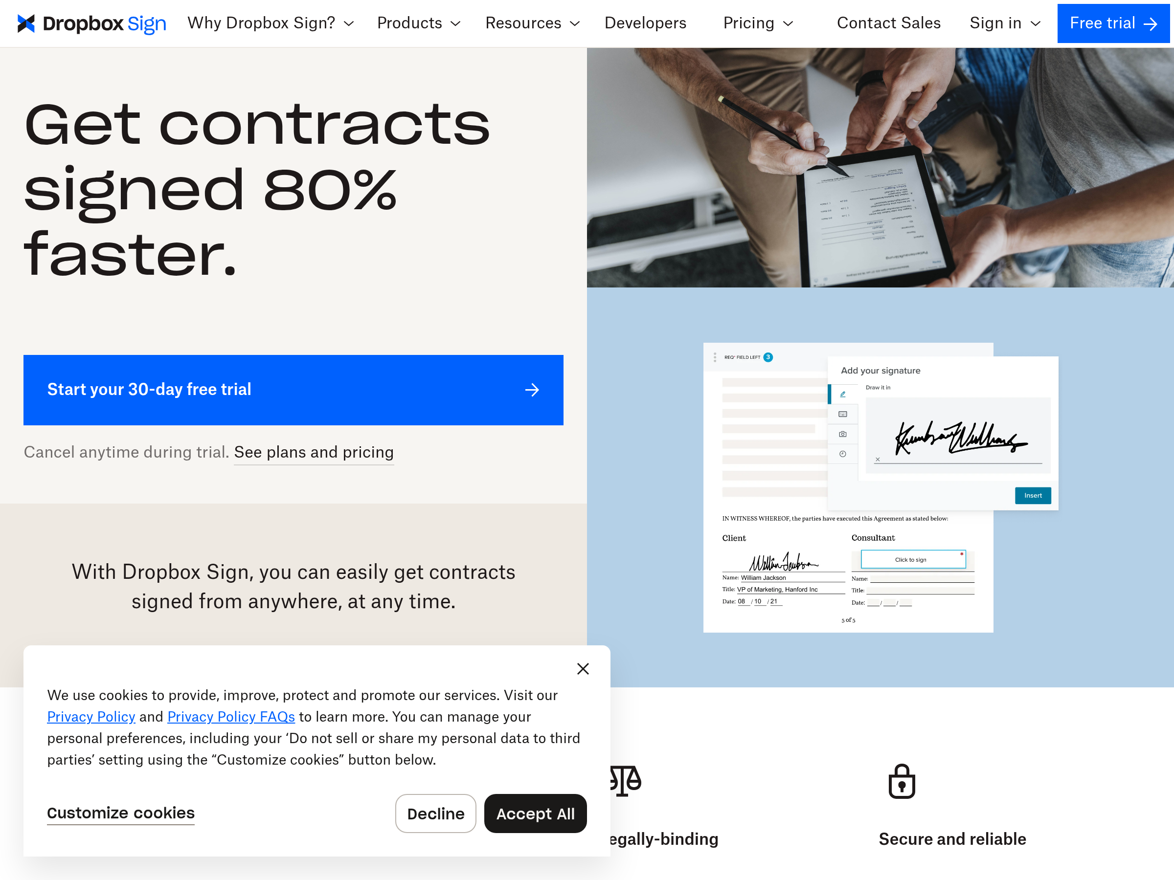 Screenshot of Dropbox Sign website