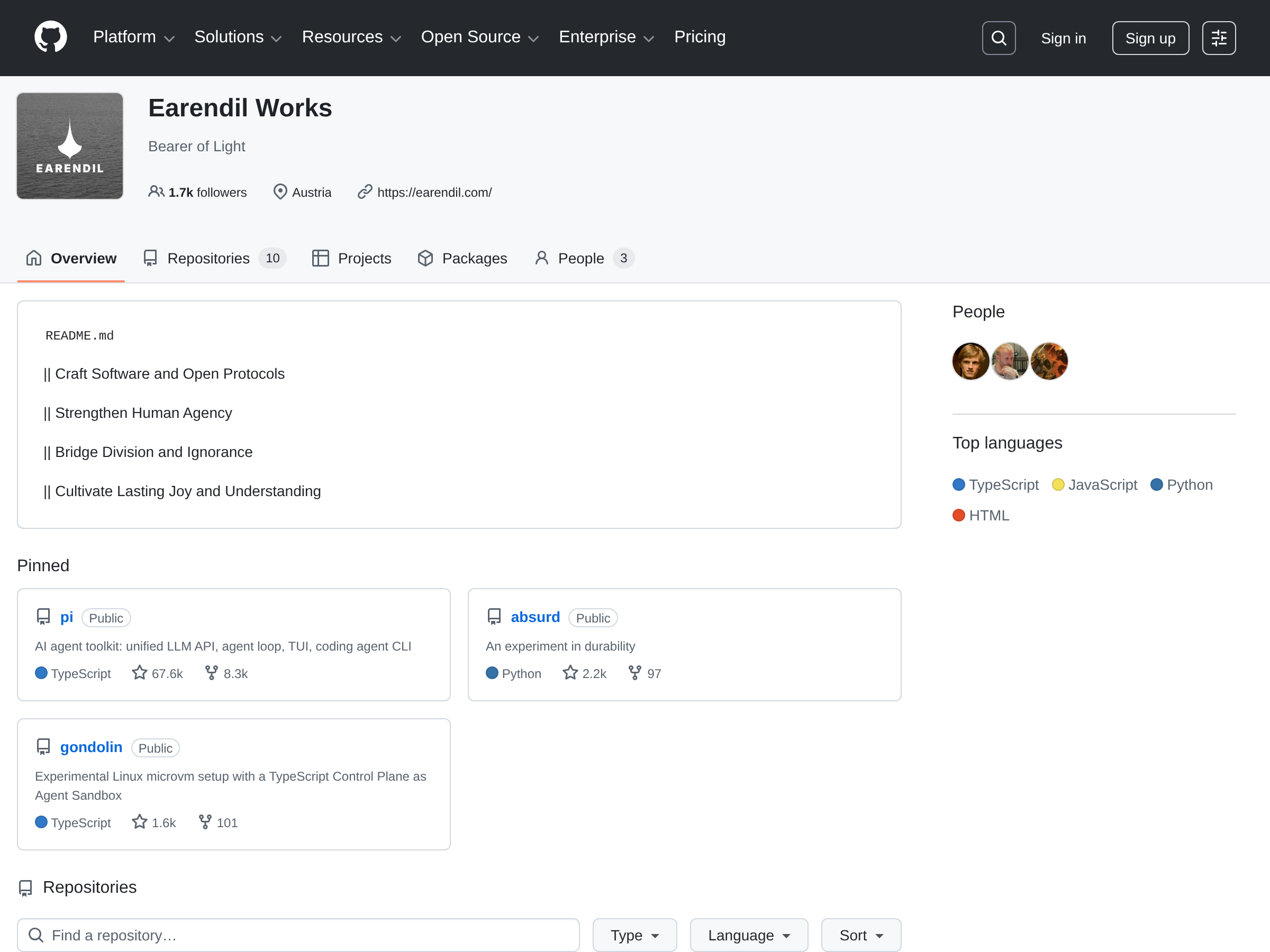 Screenshot of Earendil Works website