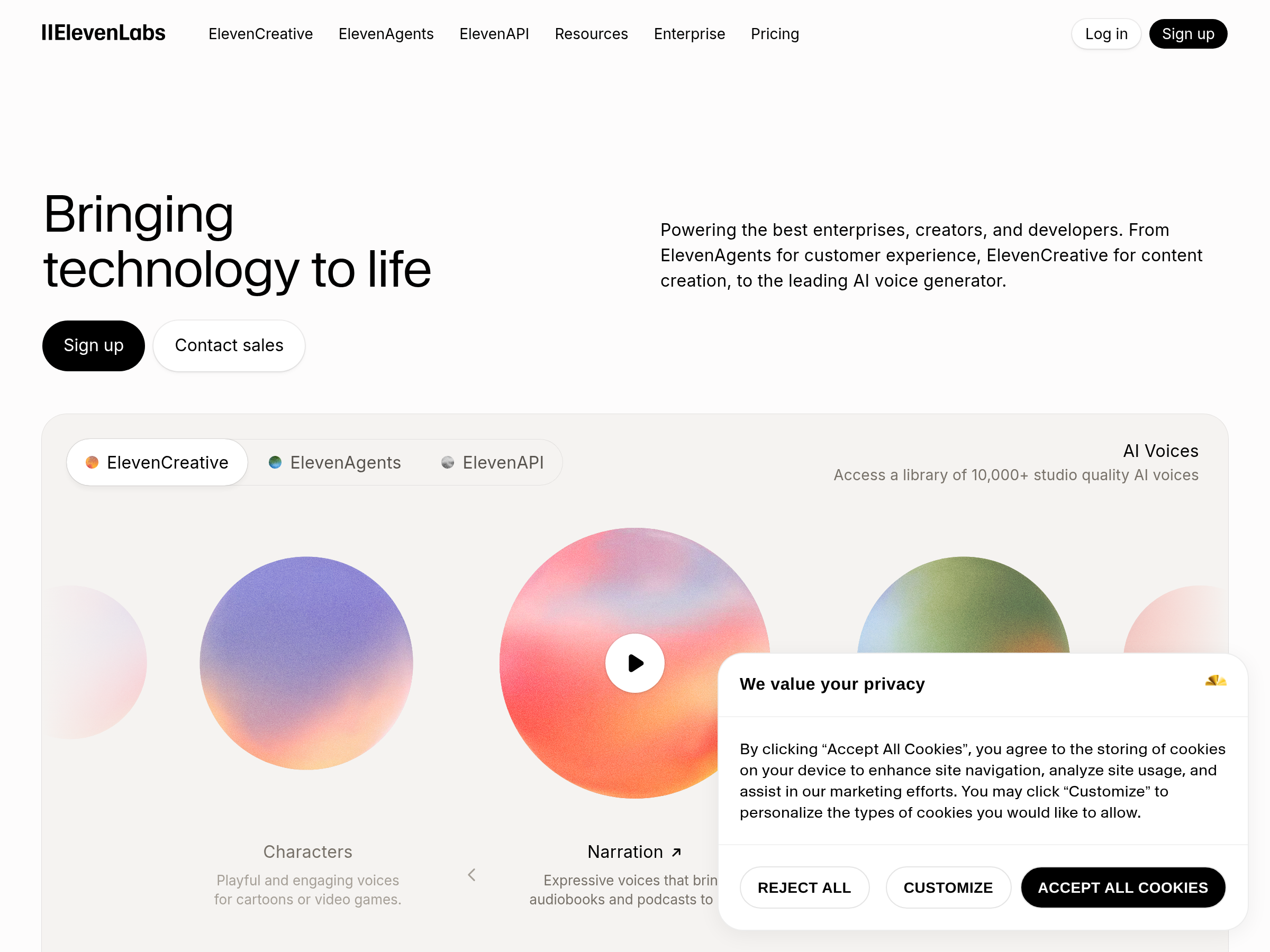 Screenshot of ElevenLabs website