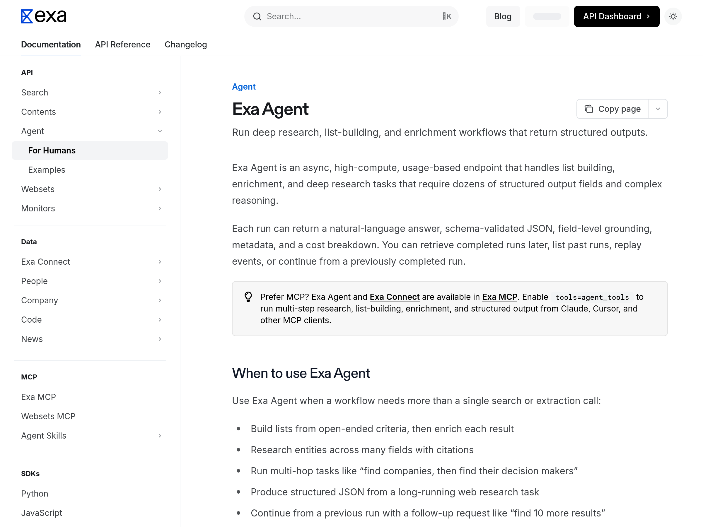 Screenshot of Exa Agent website