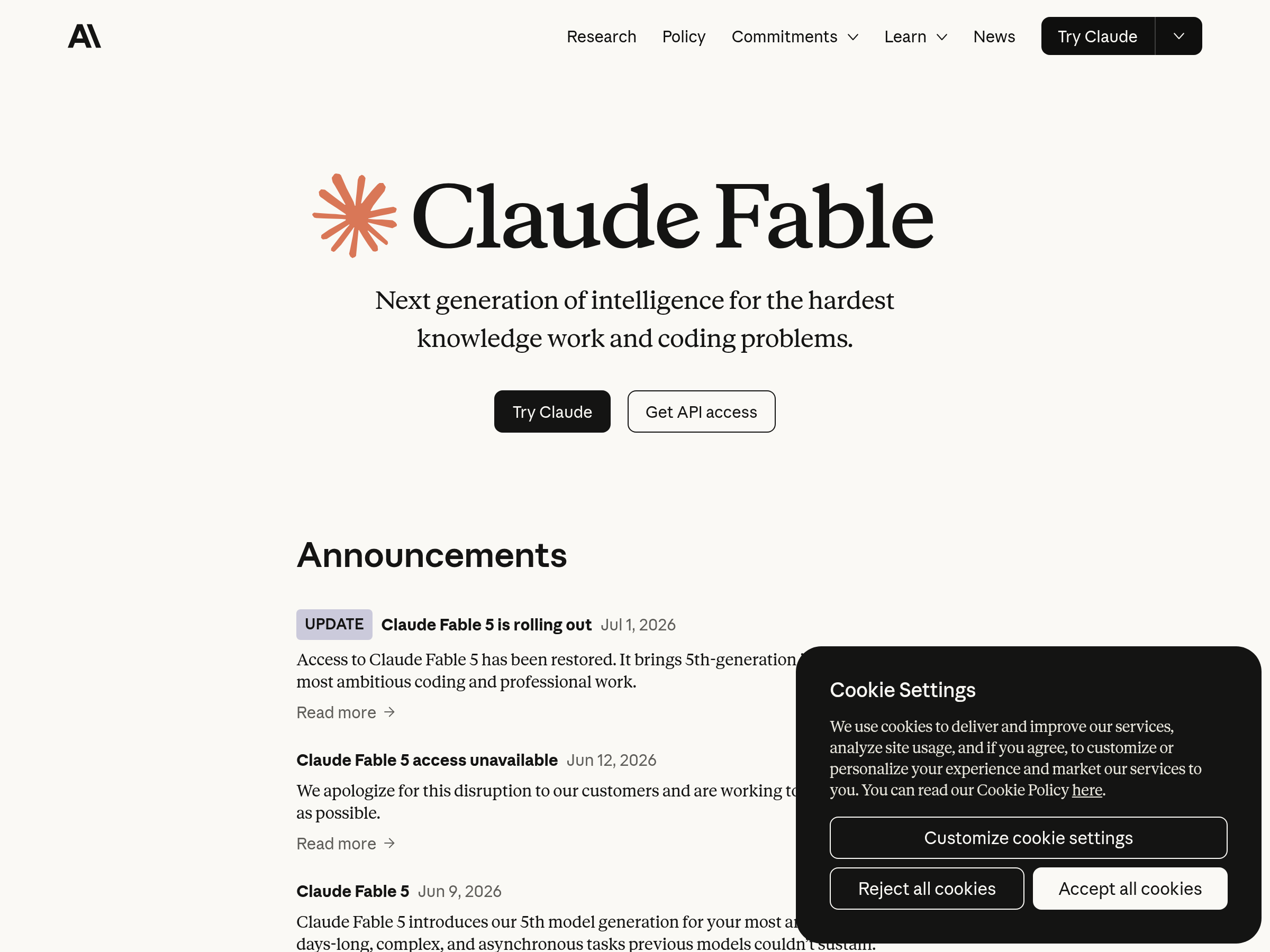 Screenshot of Claude Fable 5 website