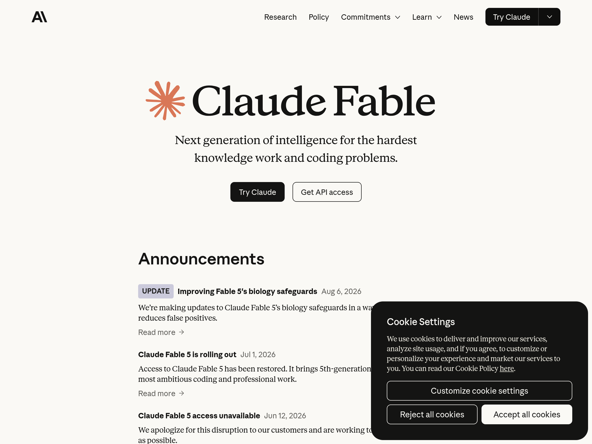 Screenshot of Claude Fable 5 website