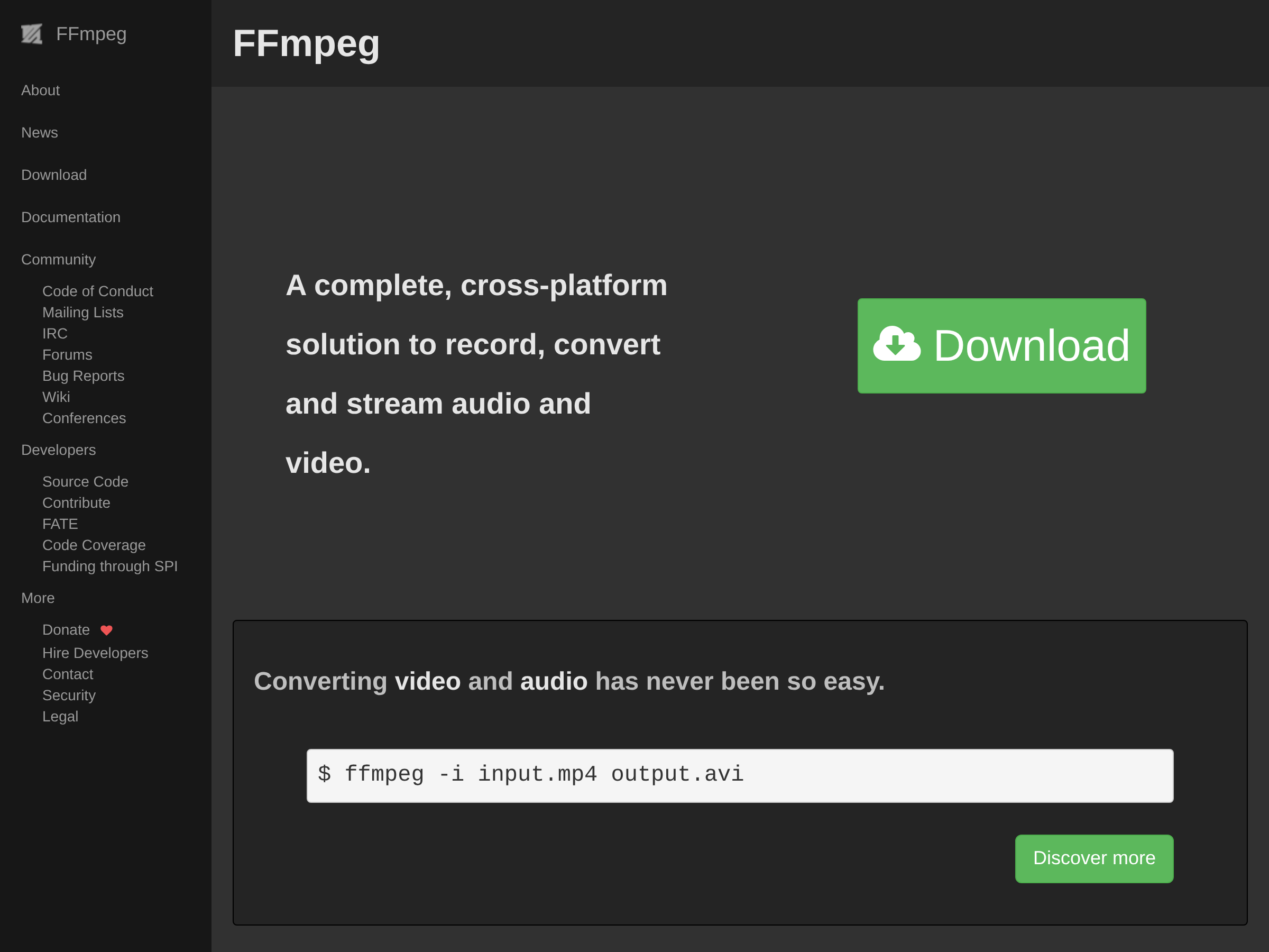 Screenshot of FFmpeg website
