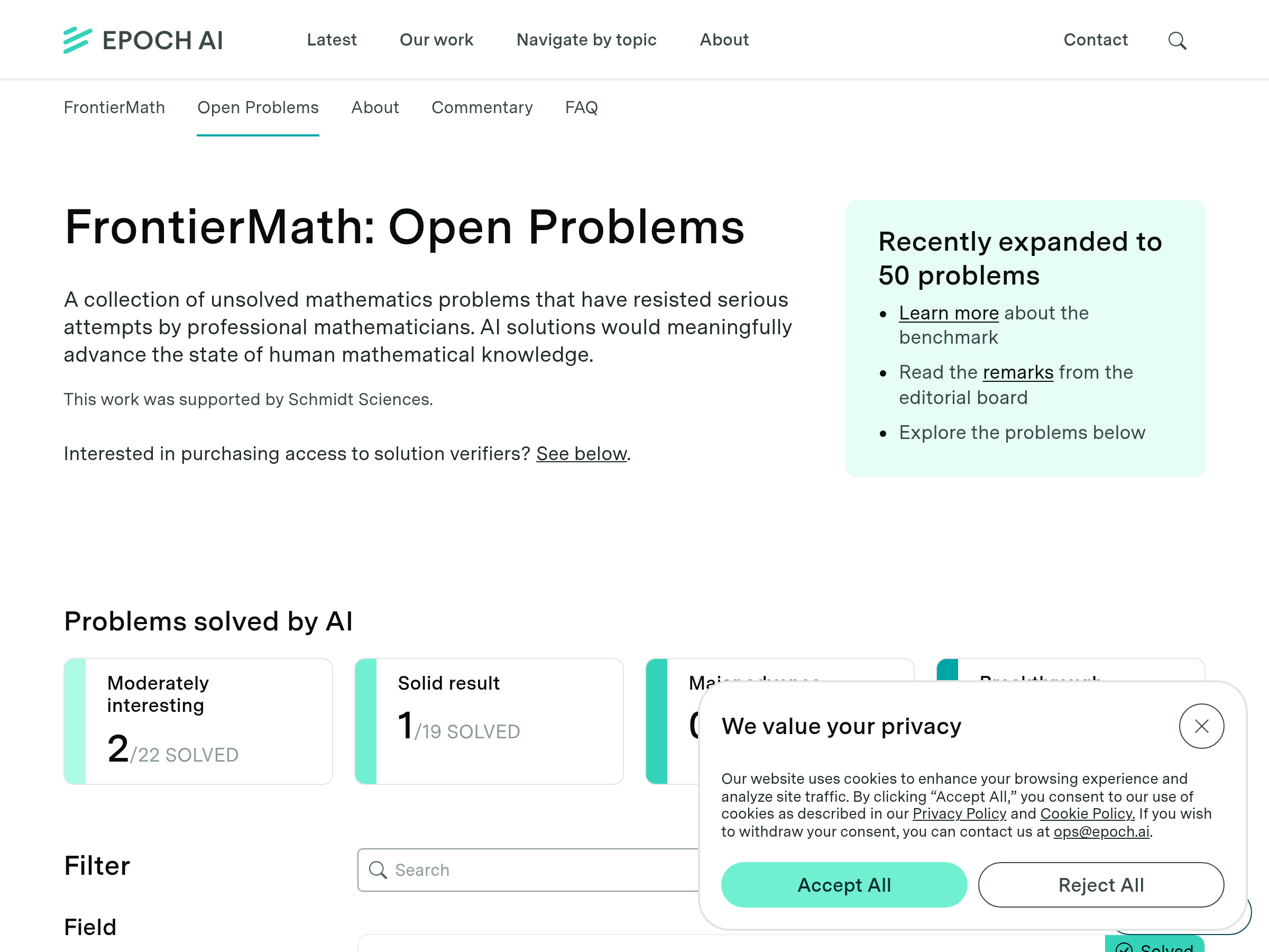 Screenshot of FrontierMath: Open Problems website