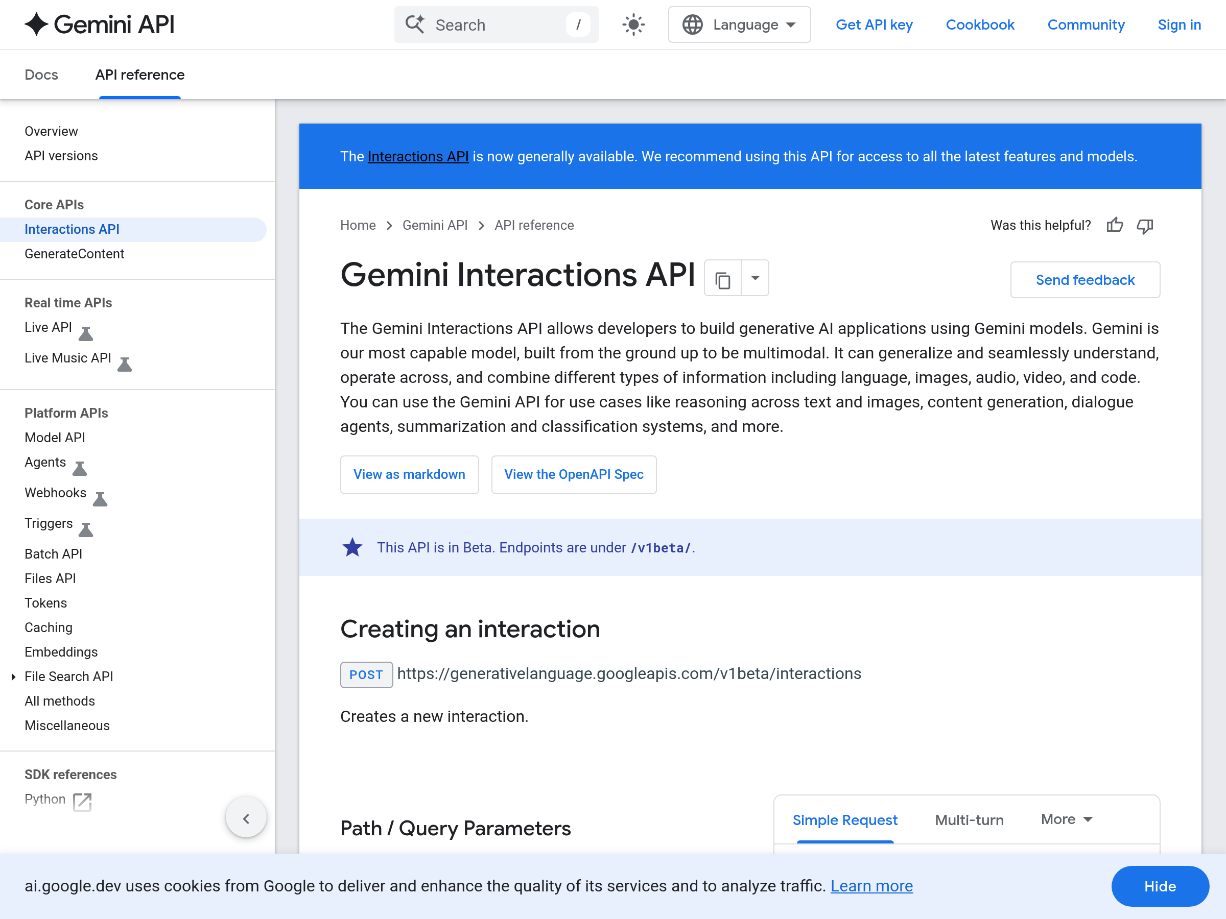 Screenshot of Gemini Interactions API website