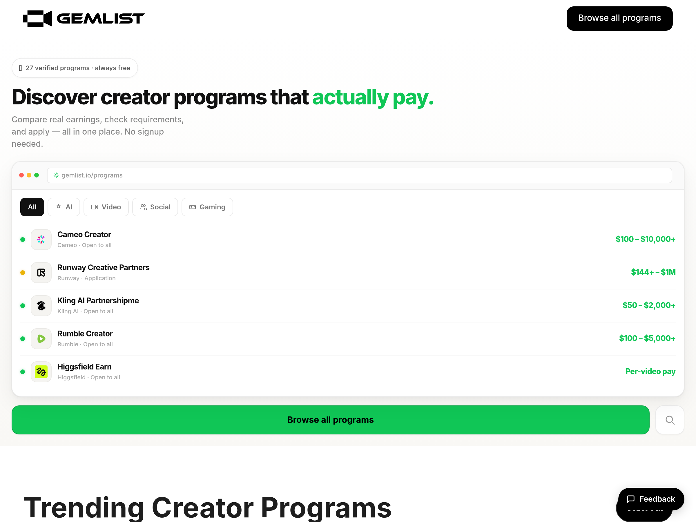 Screenshot of Gemlist website