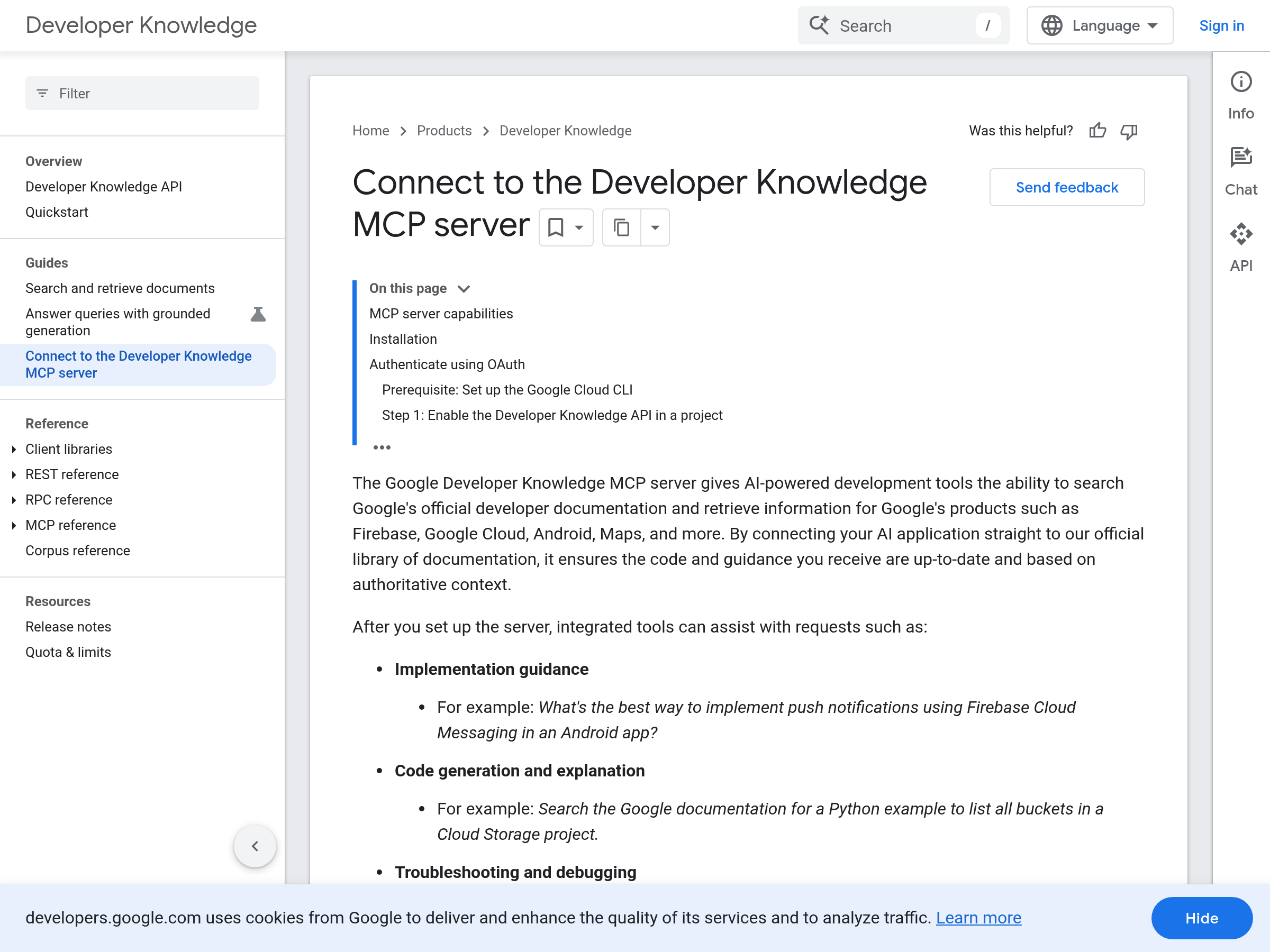 Screenshot of Google Developer Knowledge MCP server website