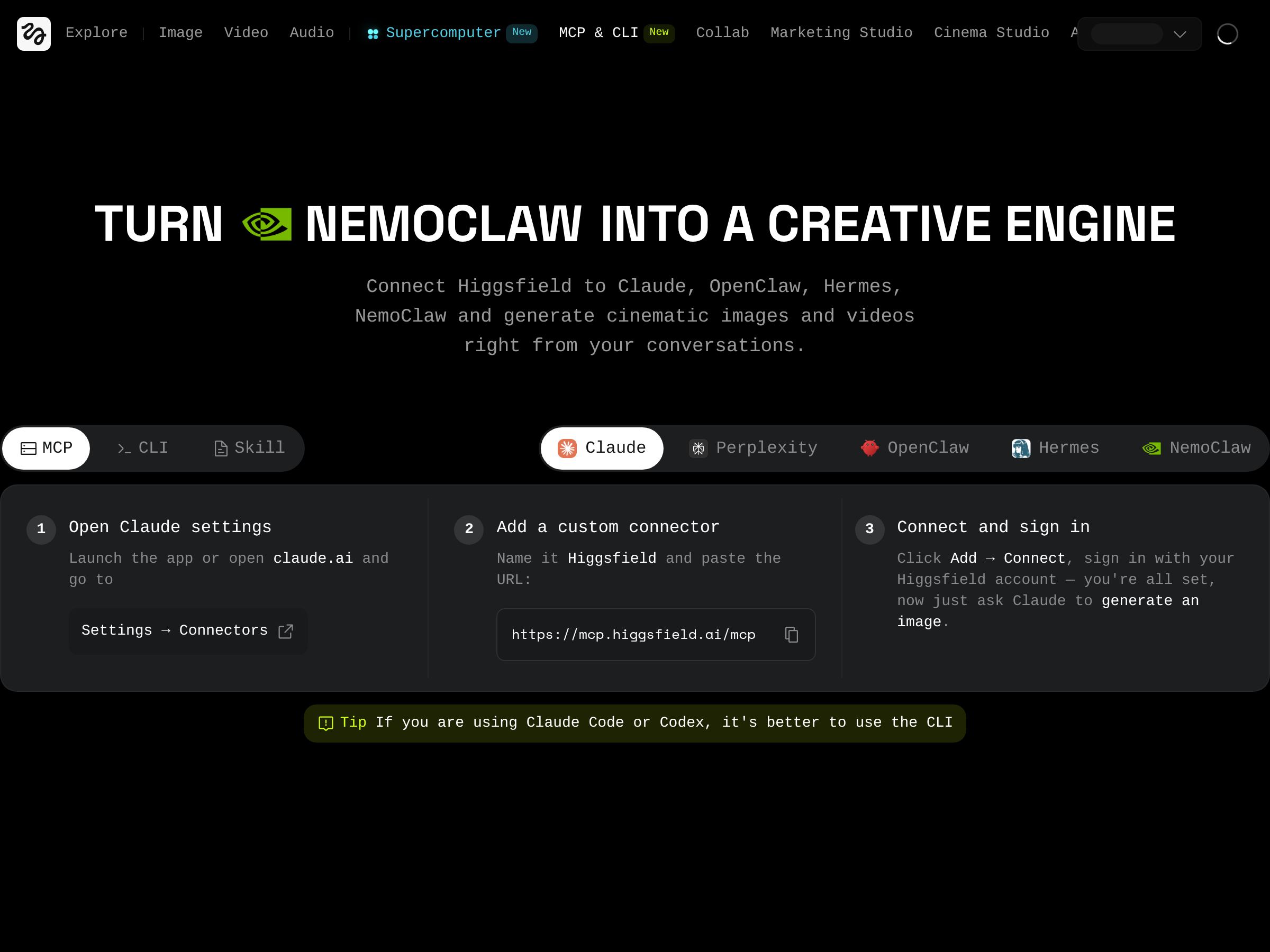 Screenshot of Higgsfield MCP website