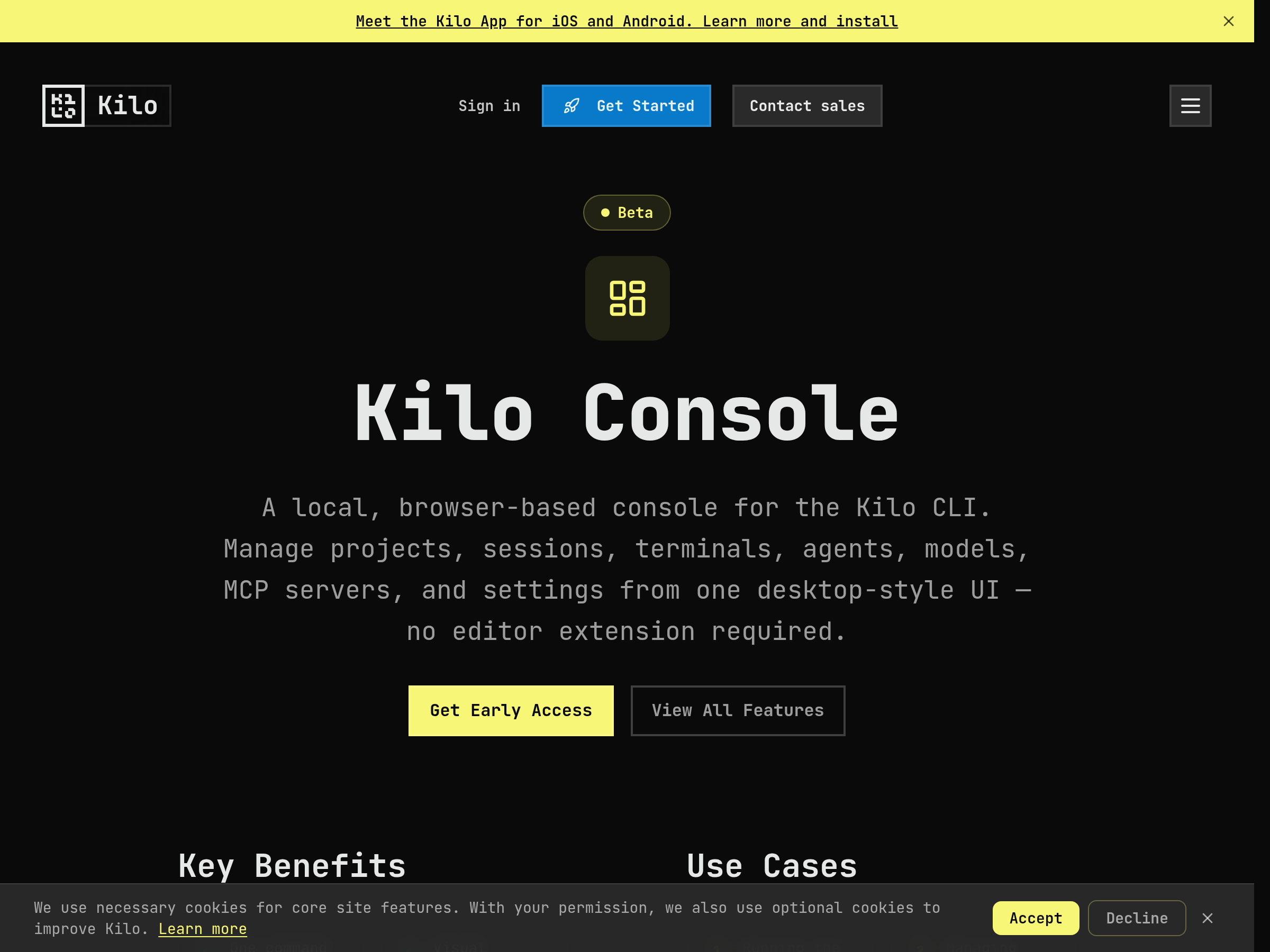 Screenshot of Kilo Console website