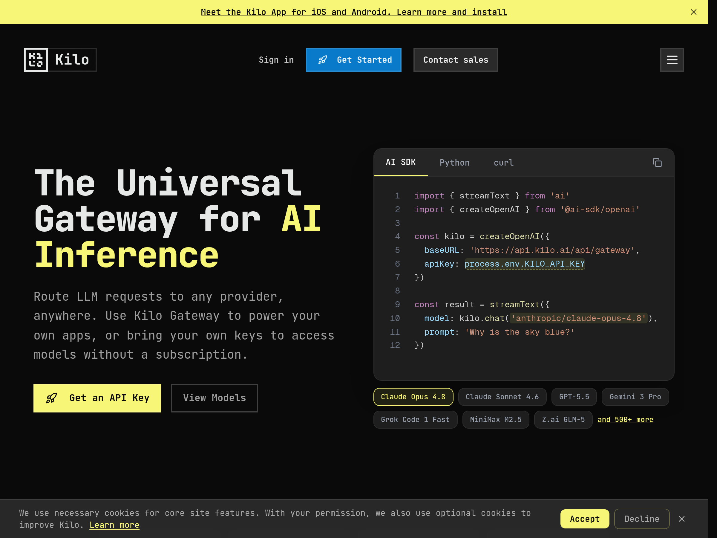 Screenshot of Kilo Gateway website