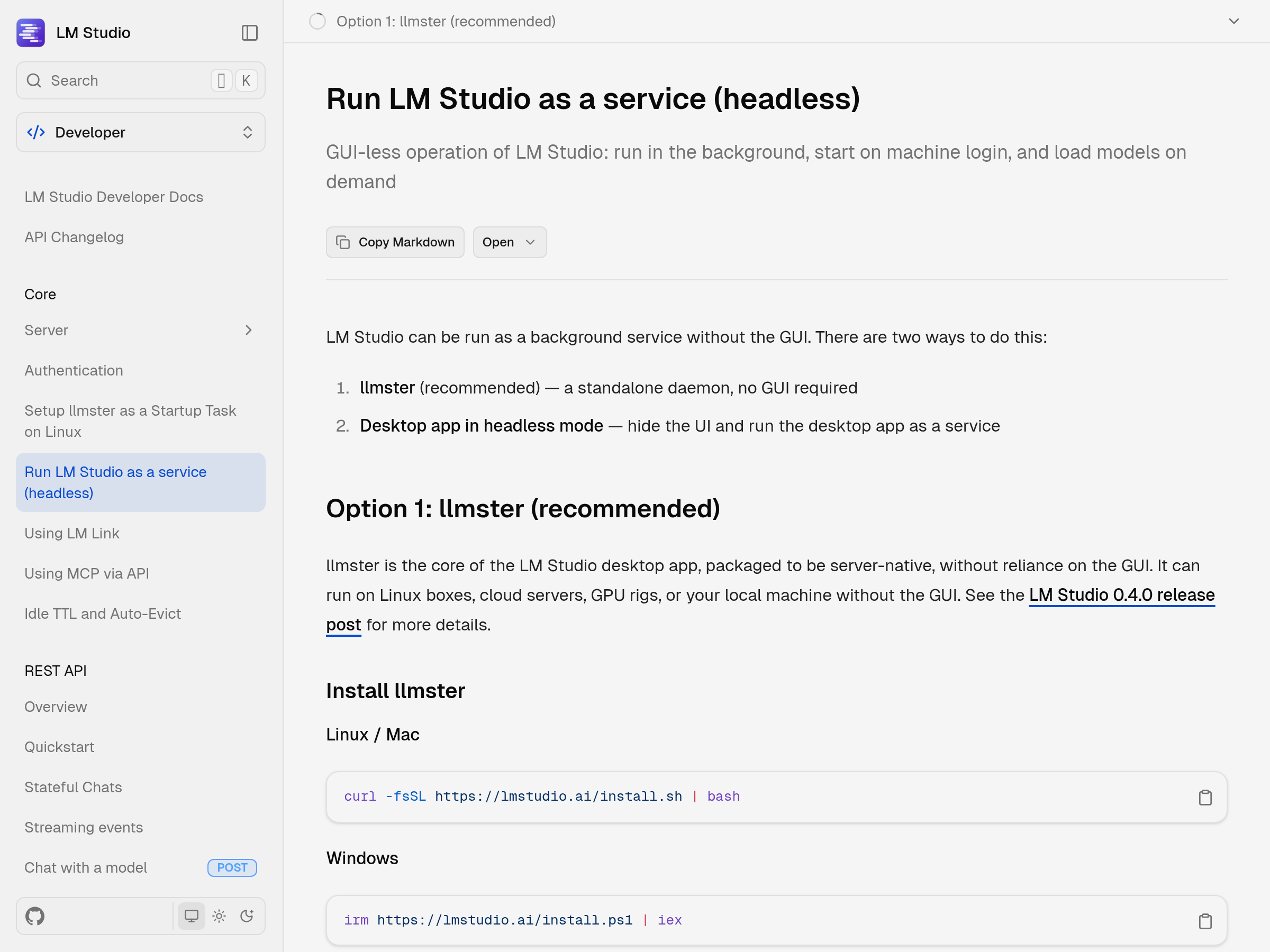 Screenshot of llmster website