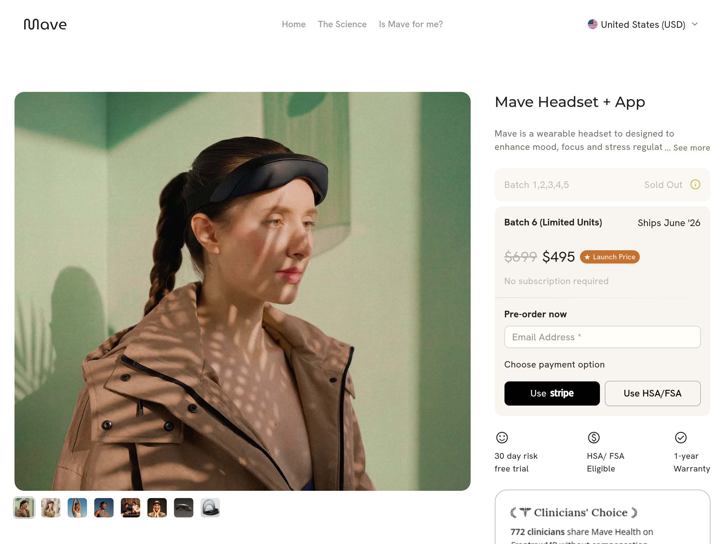 Screenshot of Mave Headset website
