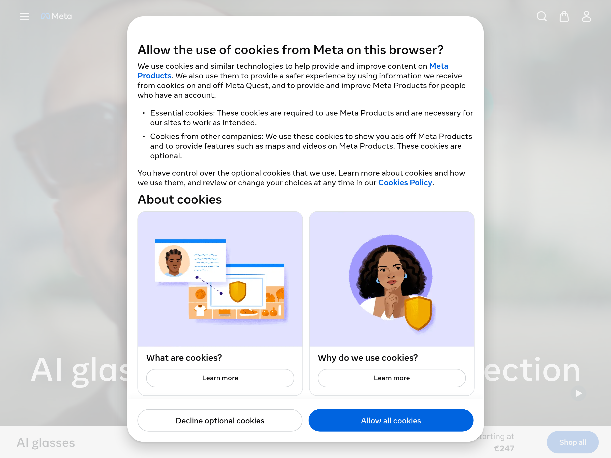 Screenshot of Meta AI Glasses website