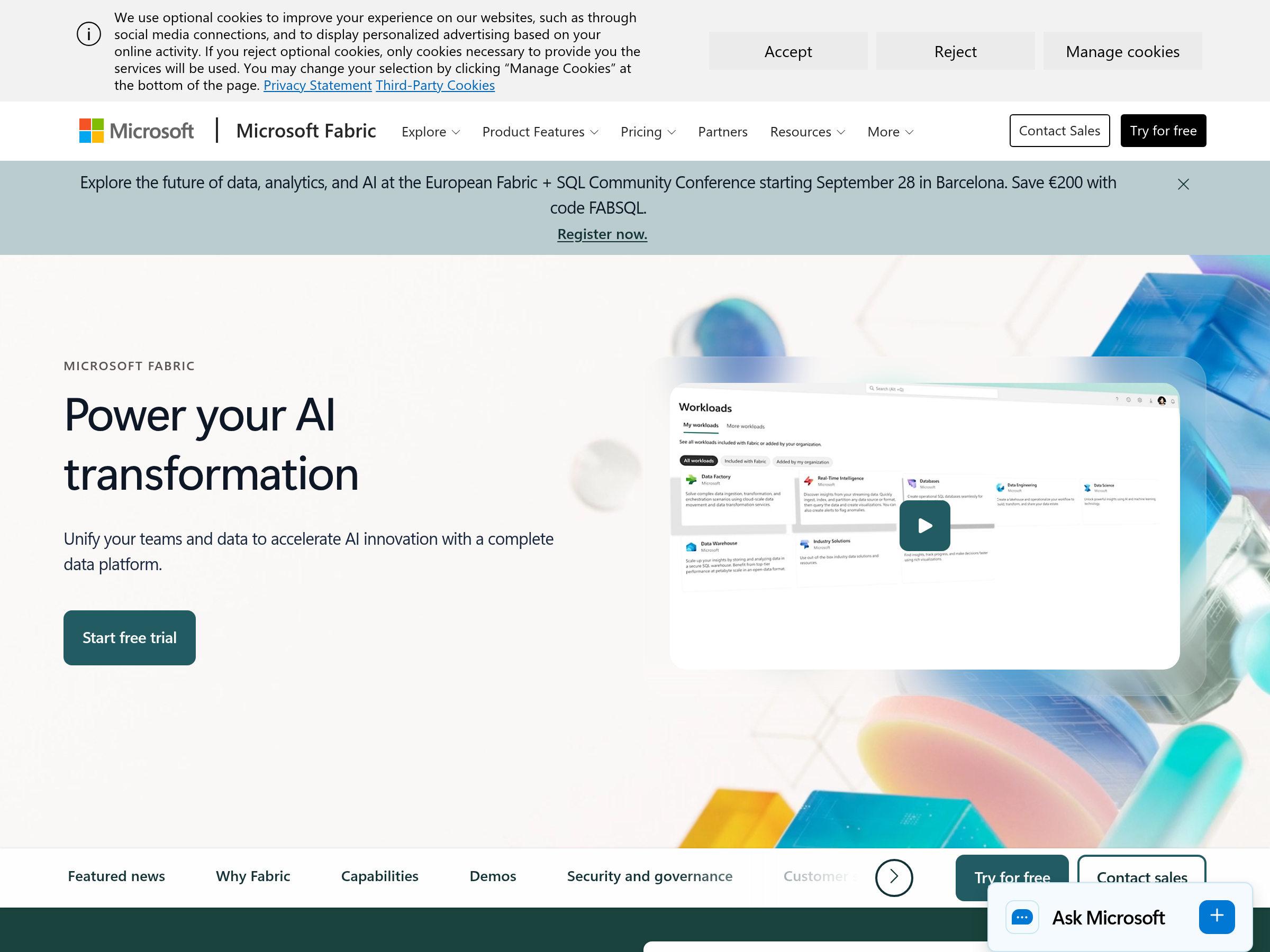 Screenshot of Microsoft Fabric website
