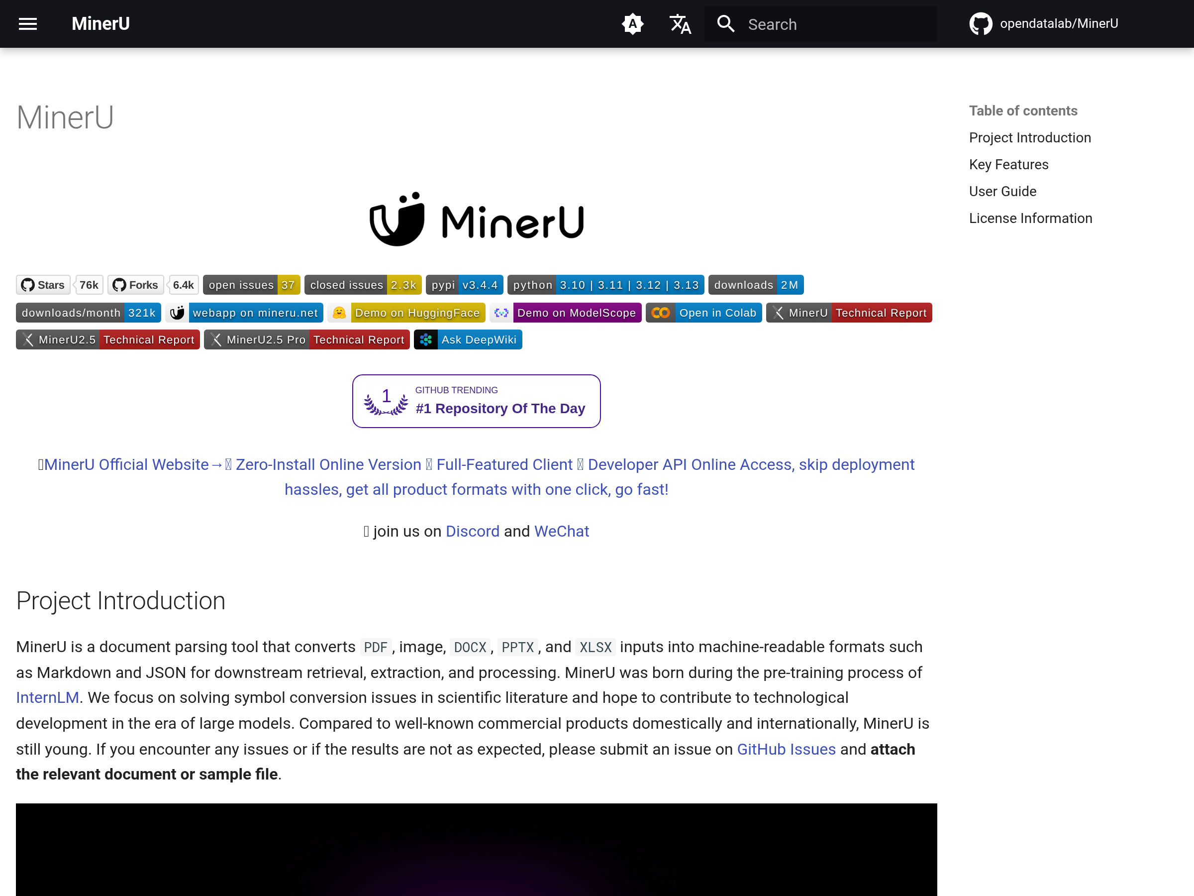 Screenshot of MinerU website