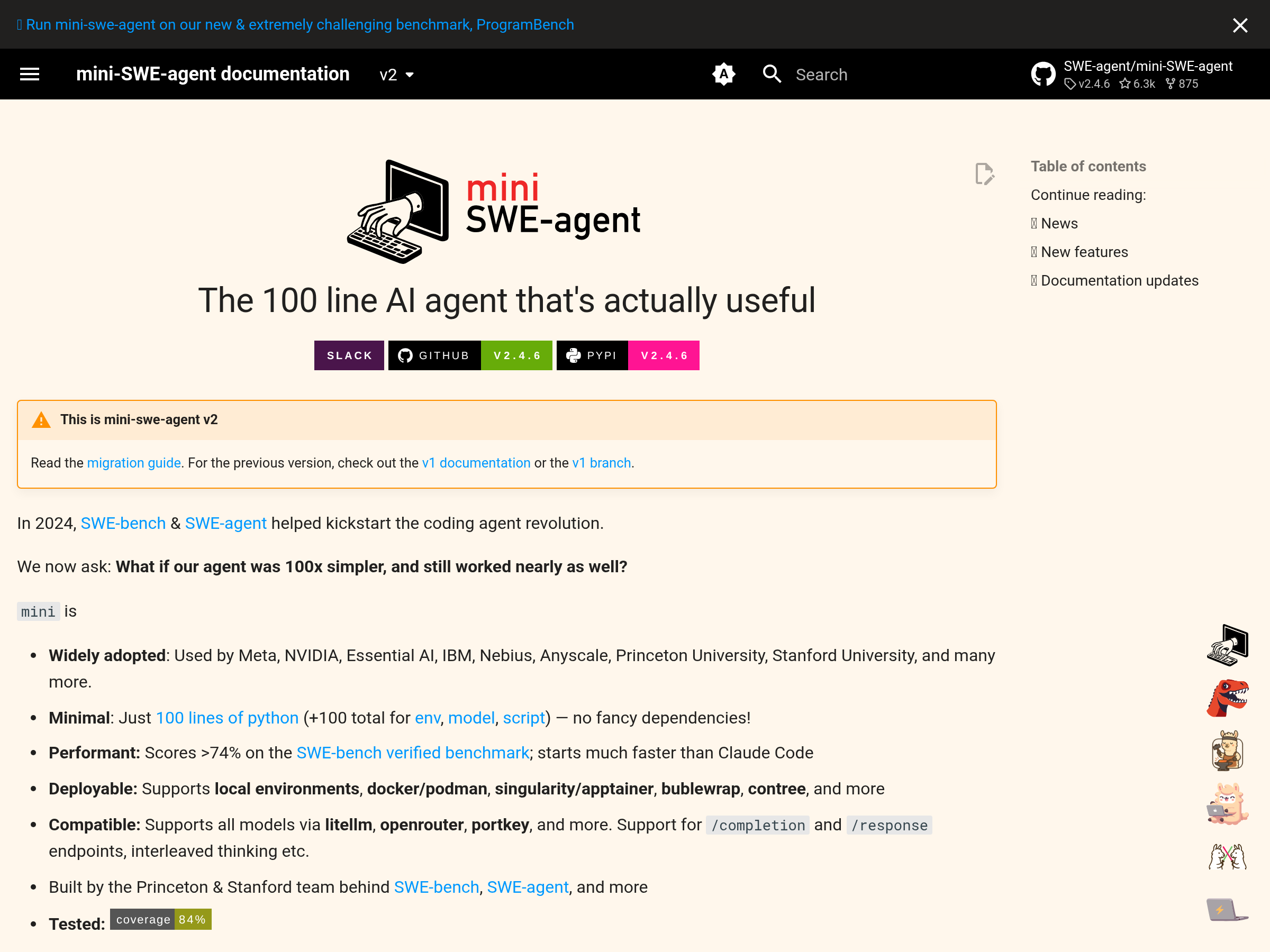 Screenshot of mini-SWE-agent website