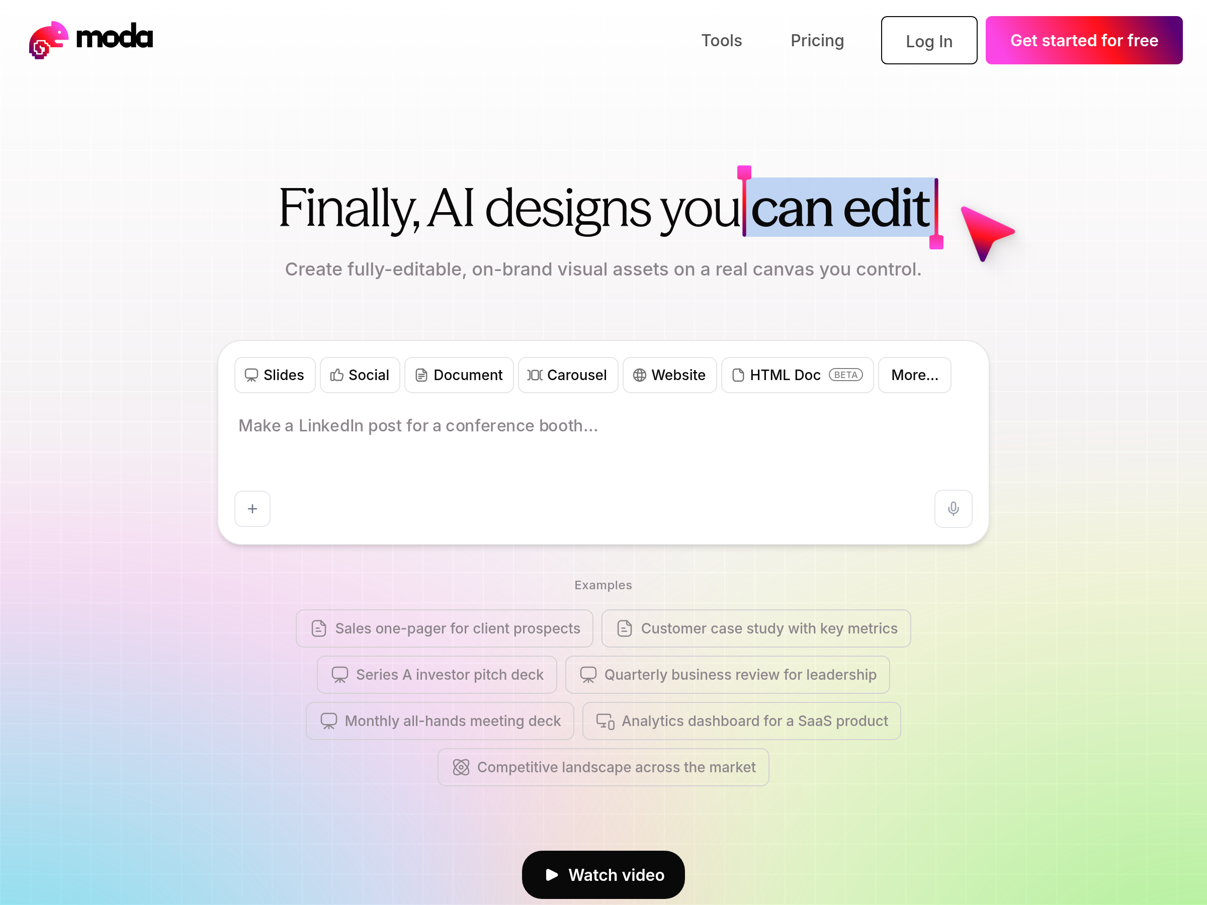 Screenshot of Moda website
