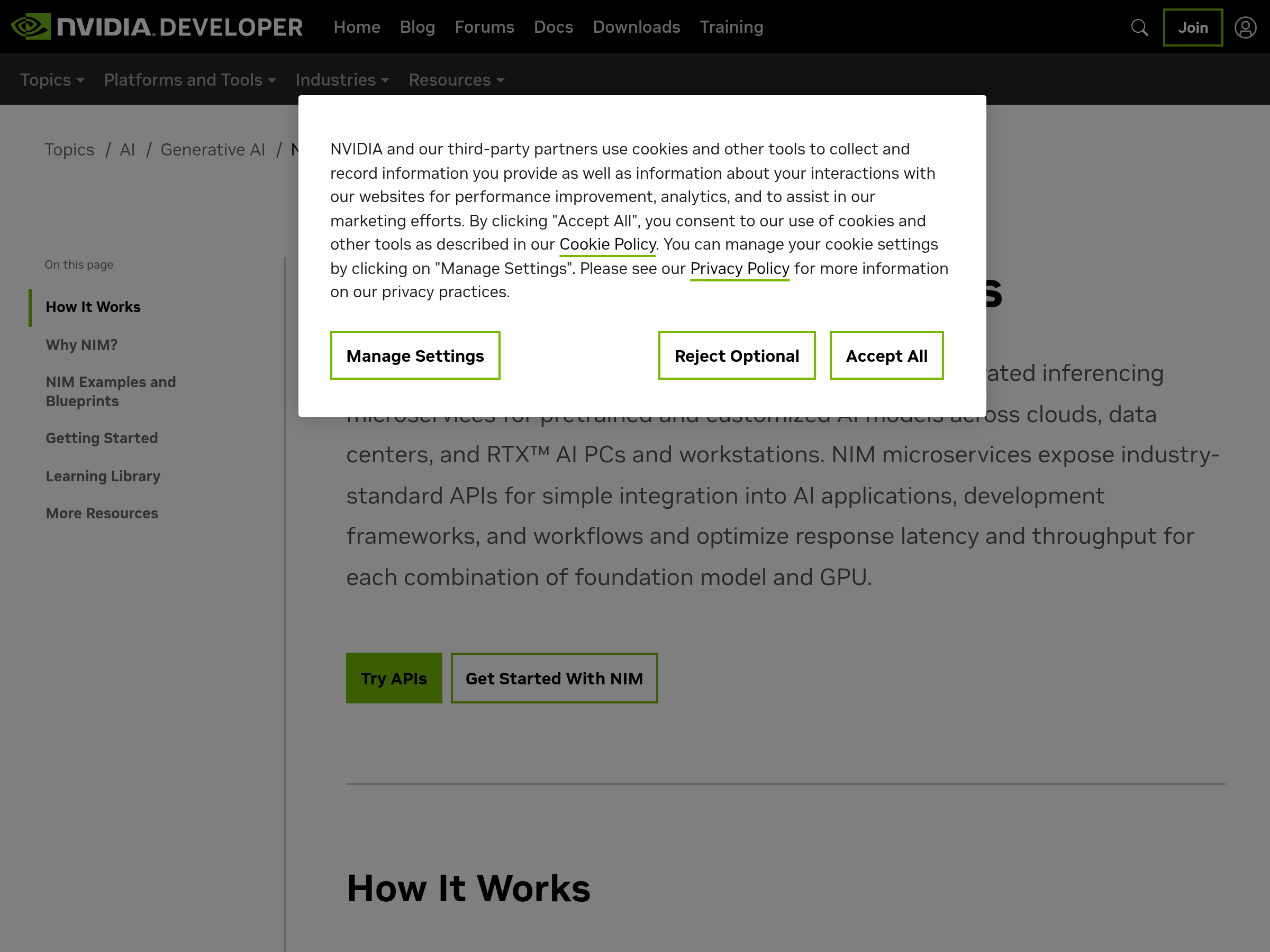 Screenshot of NVIDIA NIM website