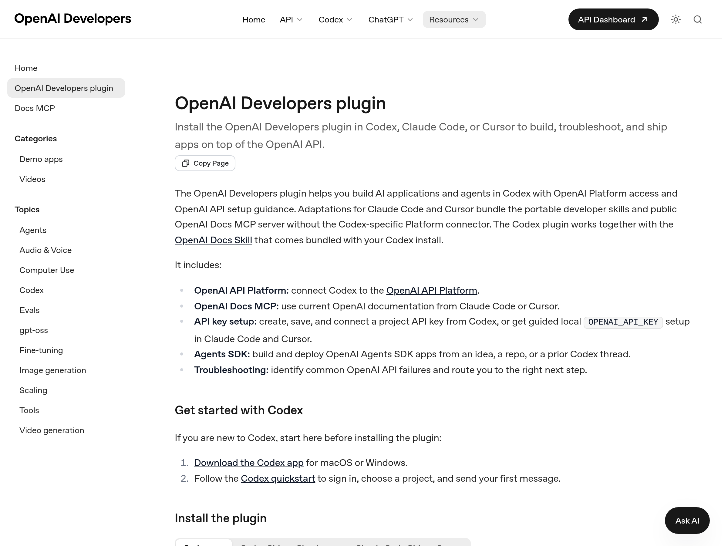Screenshot of OpenAI Developers Plugin website