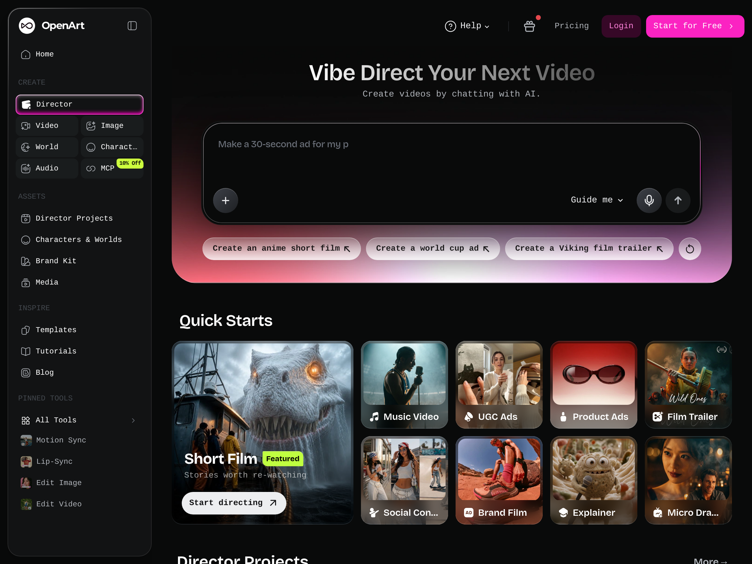 Screenshot of OpenArt Director website