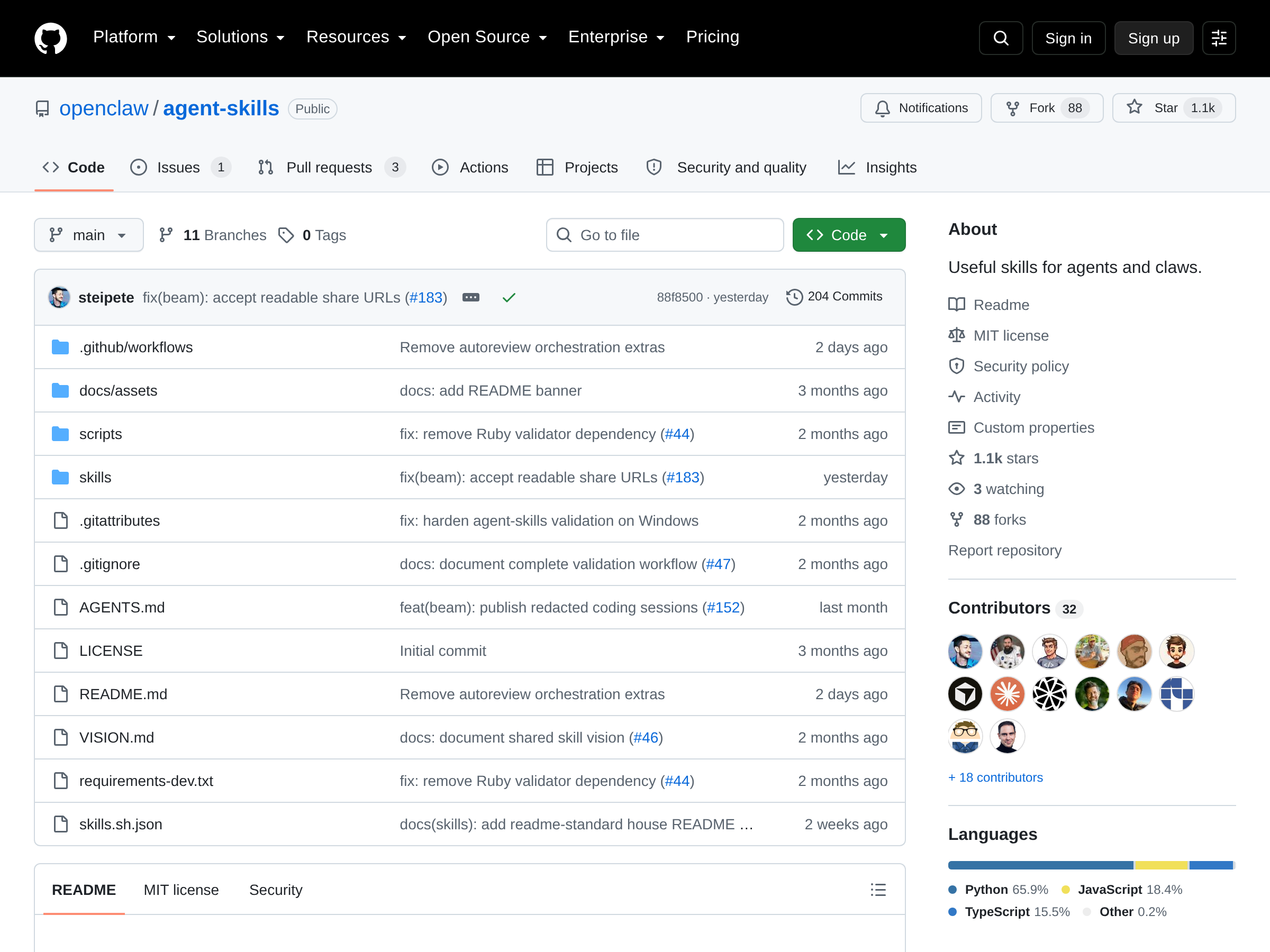 Screenshot of OpenClaw Agent Skills website