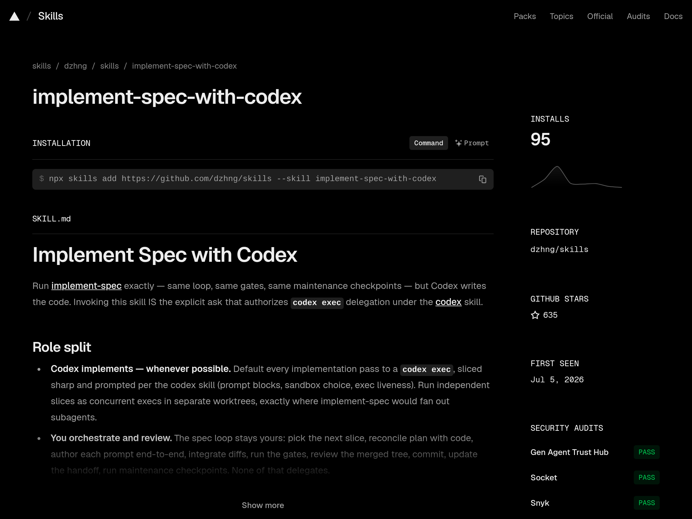 Screenshot of Implement Spec with Codex website