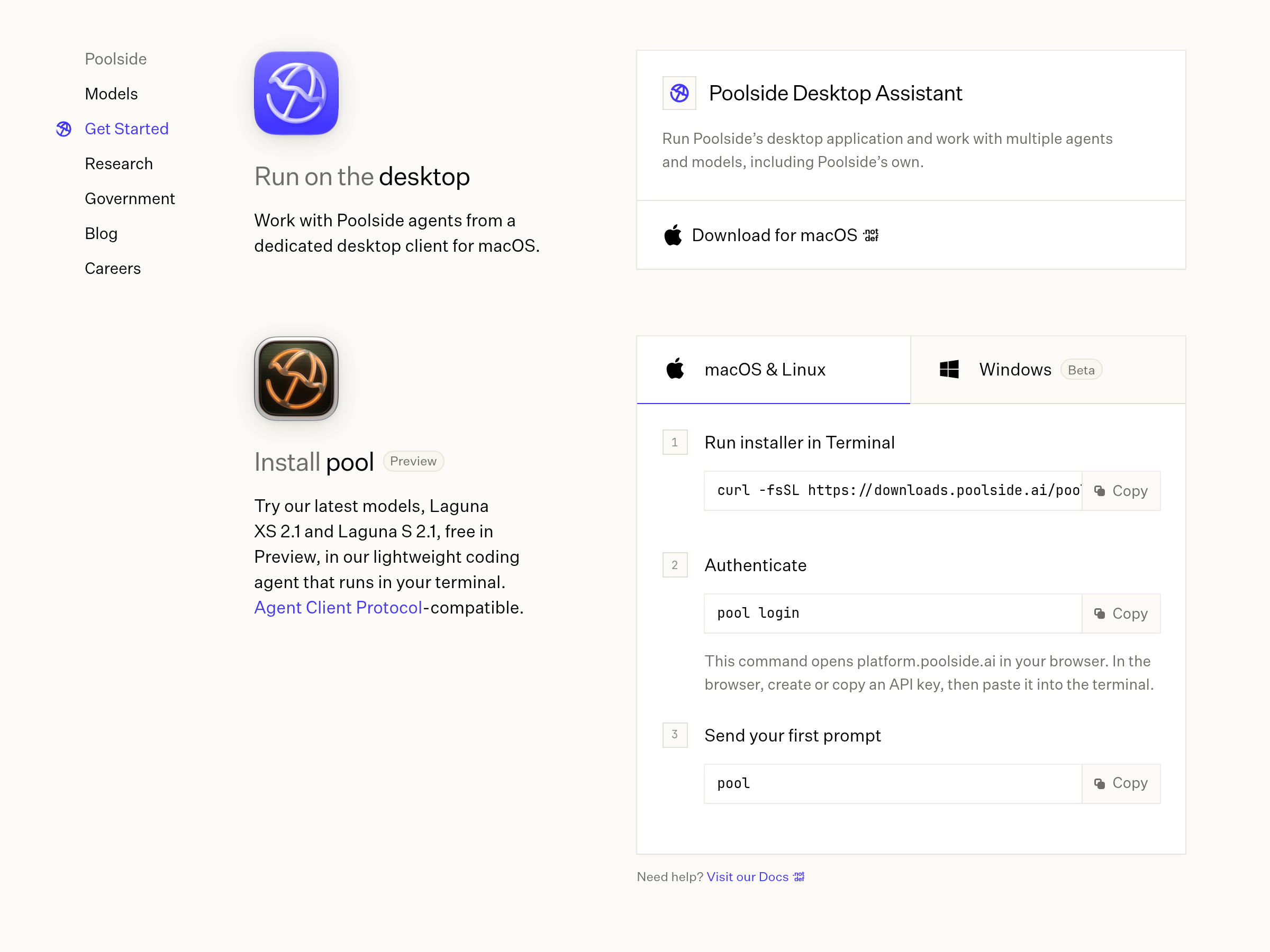 Screenshot of Poolside Desktop Assistant website