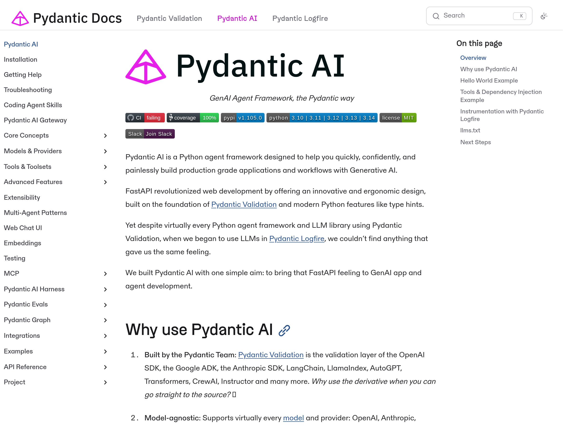 Screenshot of Pydantic AI website