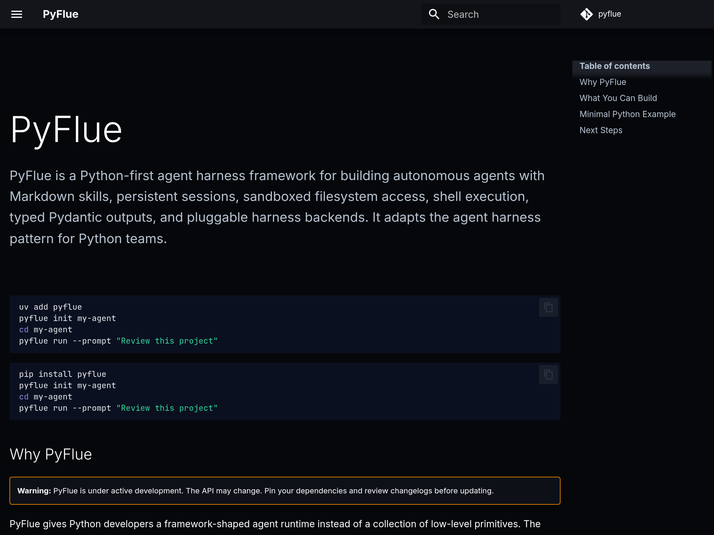 Screenshot of PyFlue website