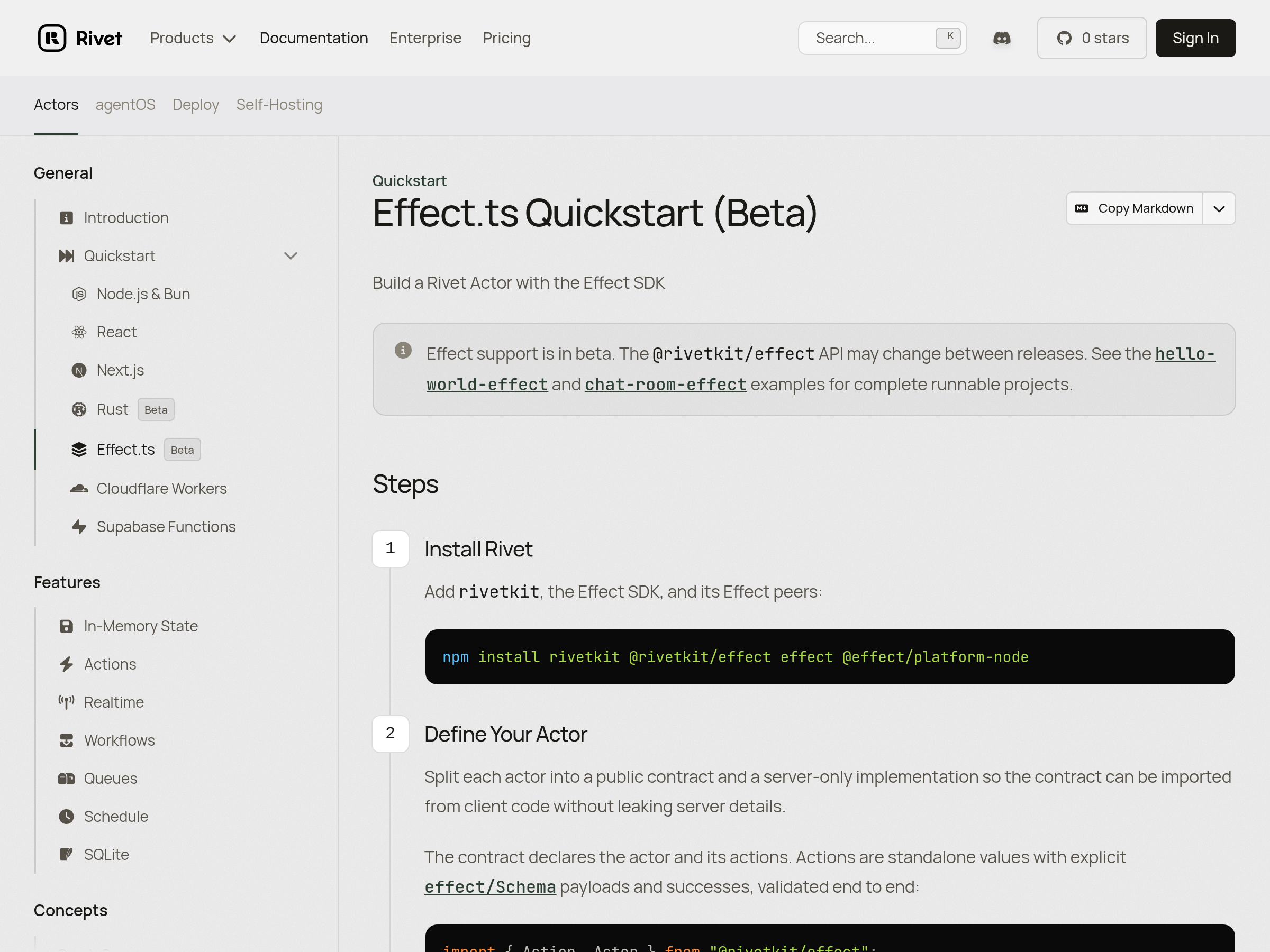 Screenshot of RivetKit Effect SDK website