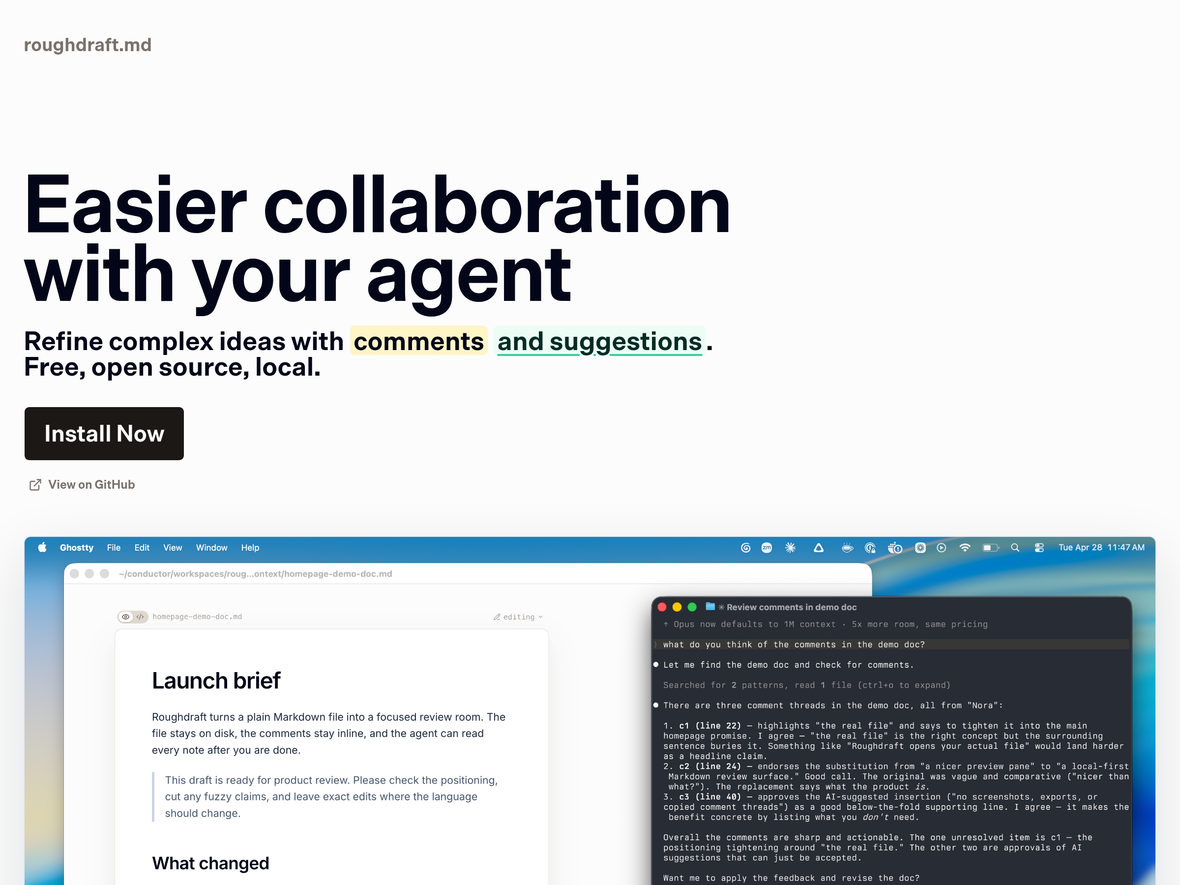 Screenshot of roughdraft.md website