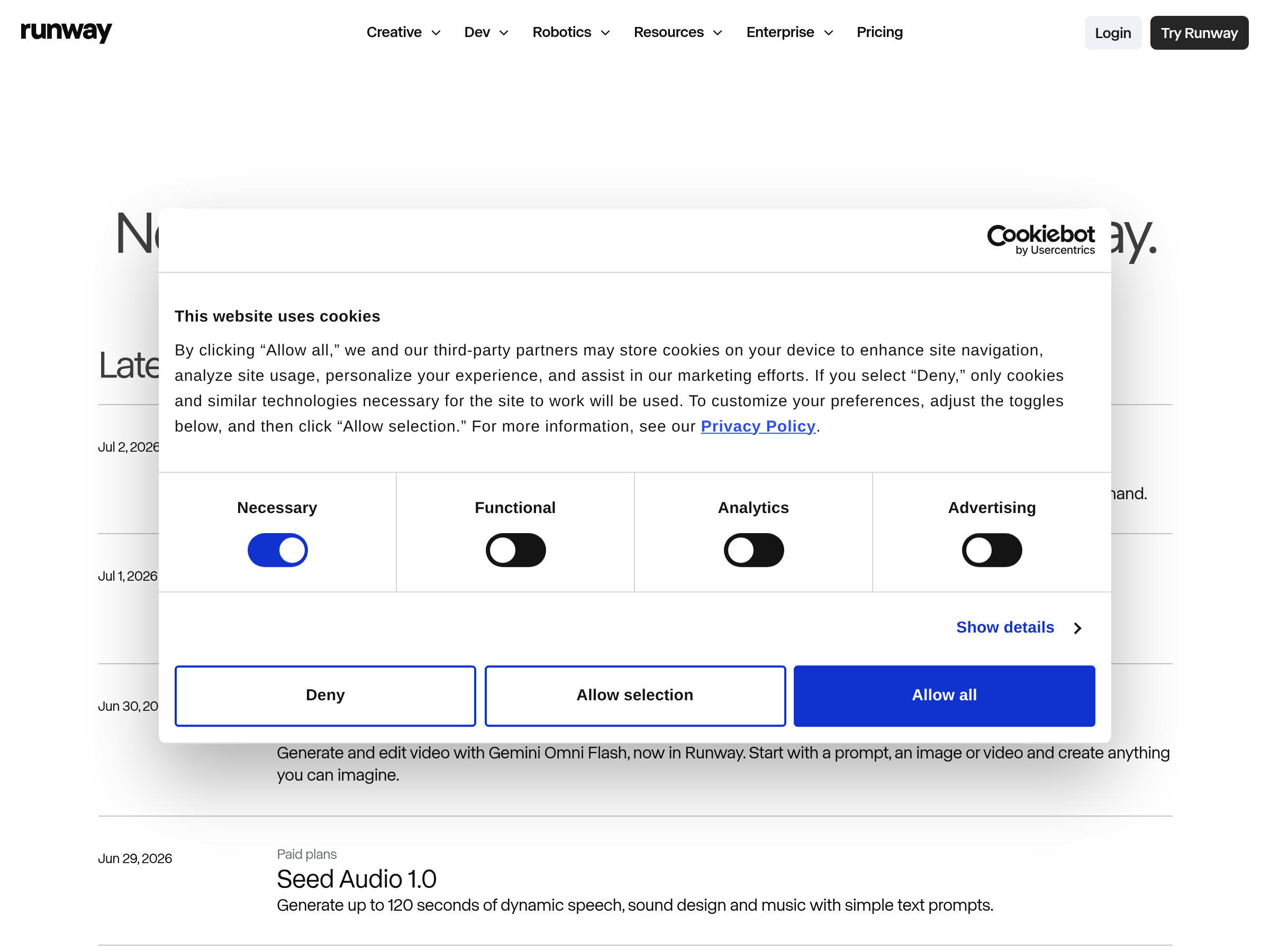 Screenshot of Runway Agent Skills website