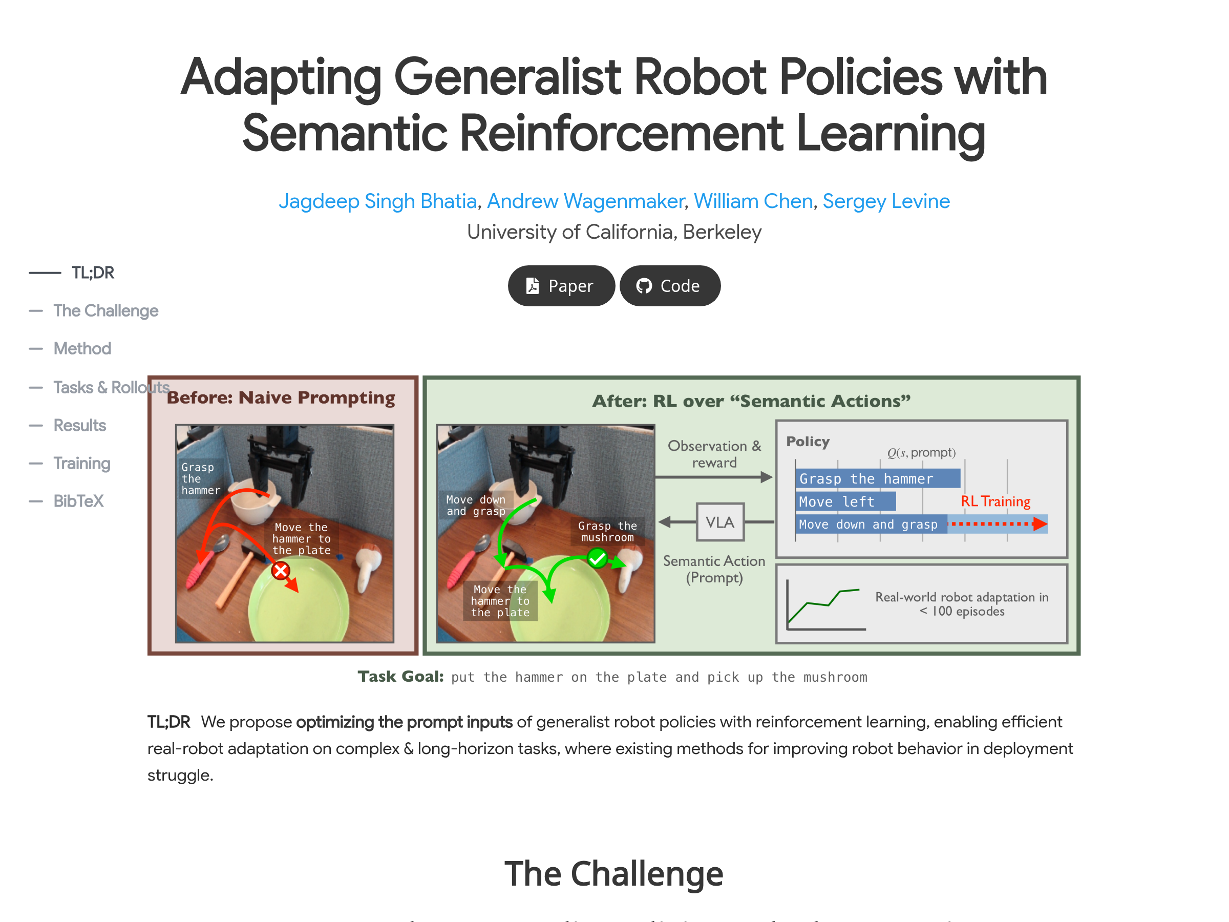 Screenshot of Semantic Action RL website
