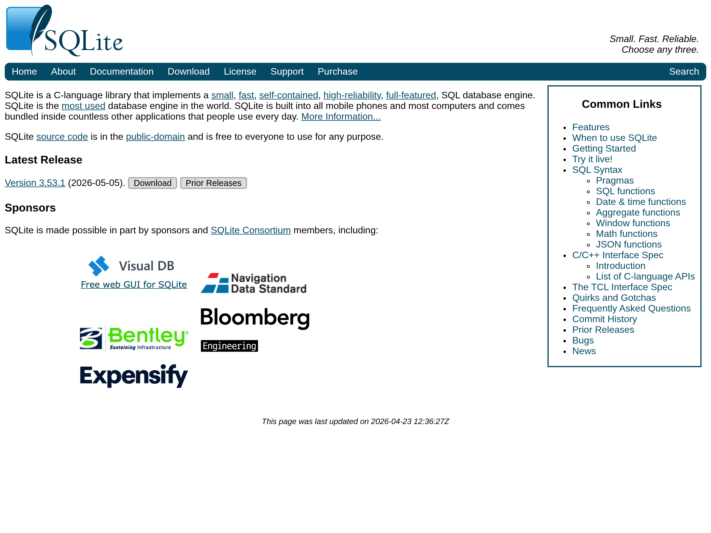 Screenshot of SQLite website