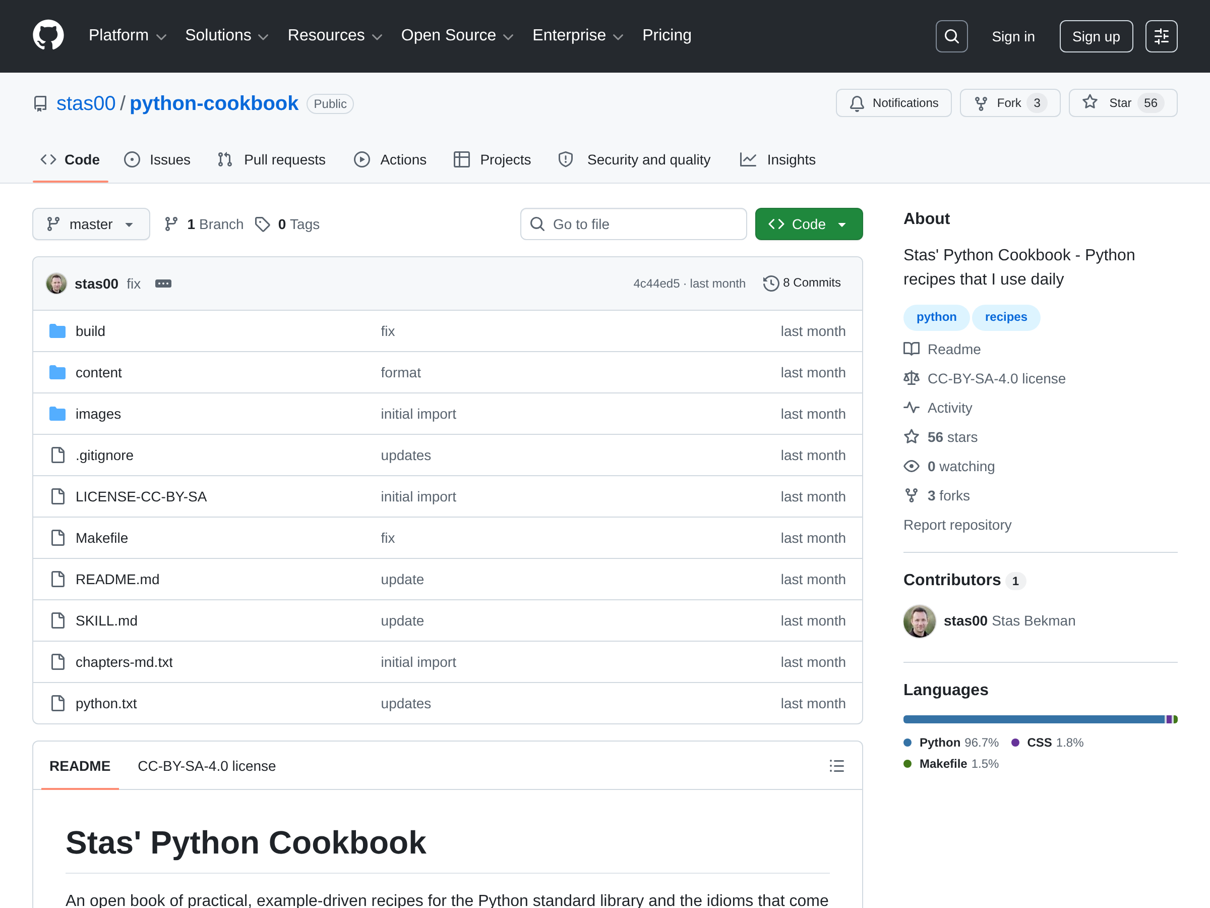 Screenshot of Stas' Python Cookbook website