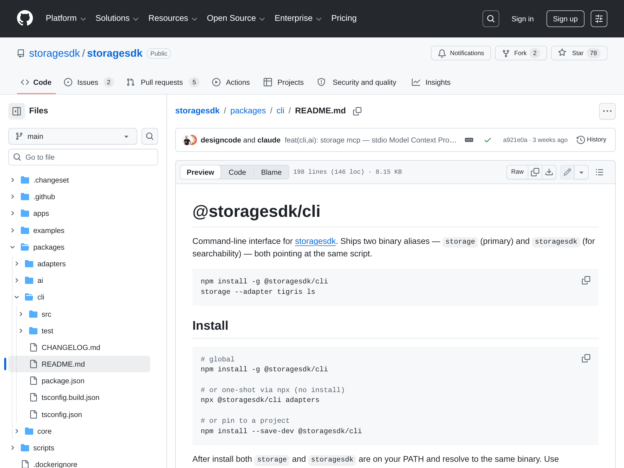 Screenshot of @storagesdk/cli website